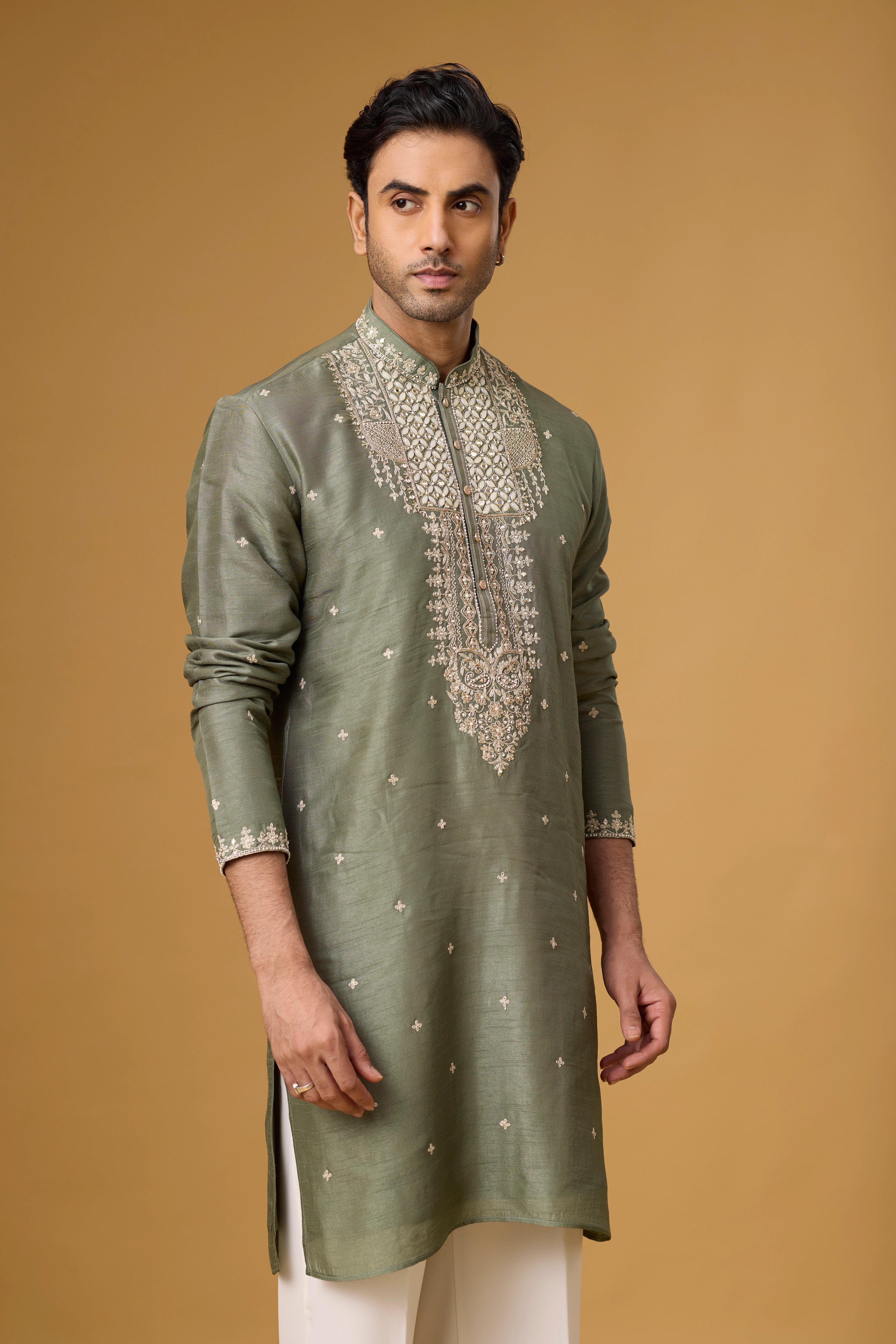 Olive Heritage Embroidered Kurta Set