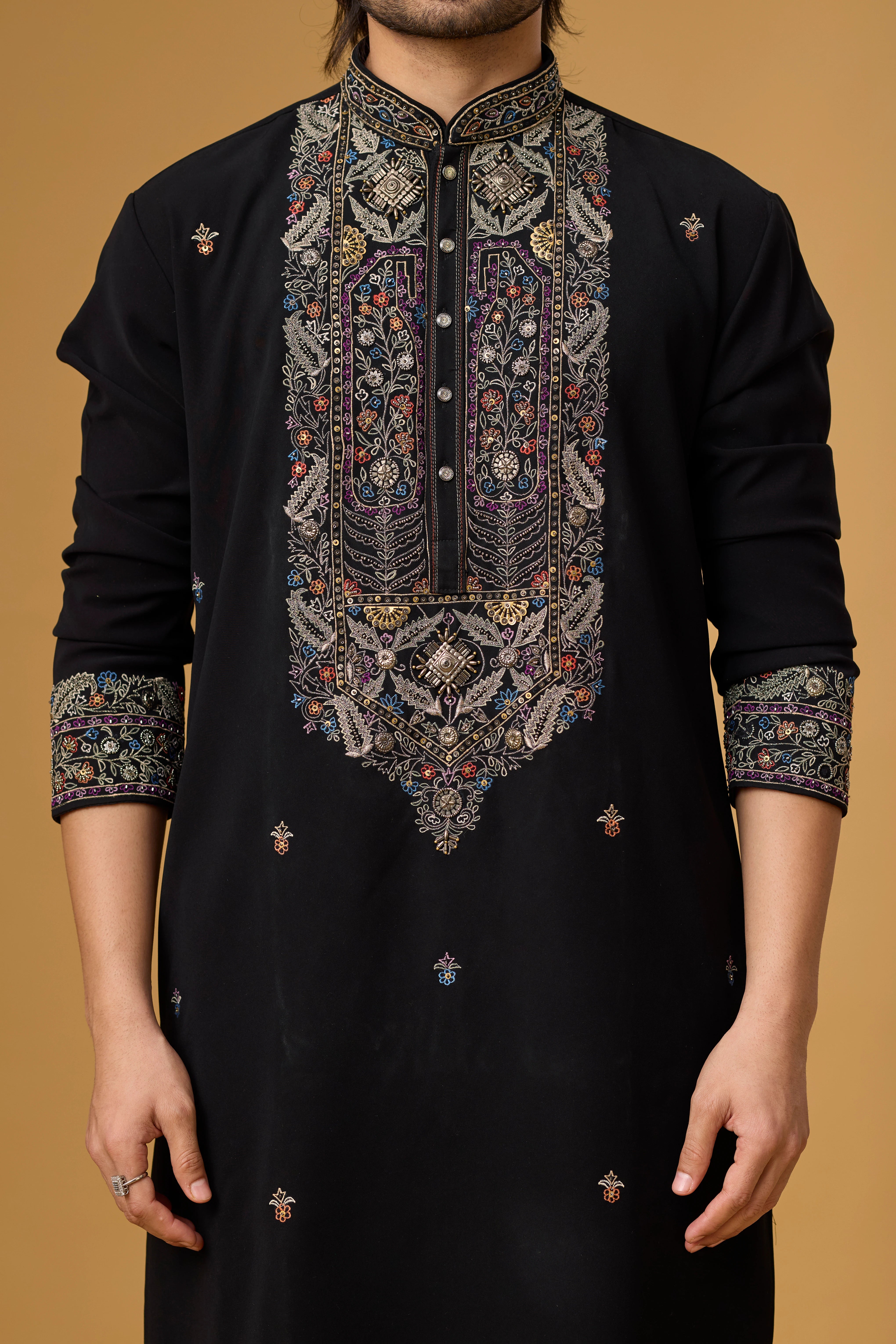 Midnight Black Heritage Embroidered Kurta Set