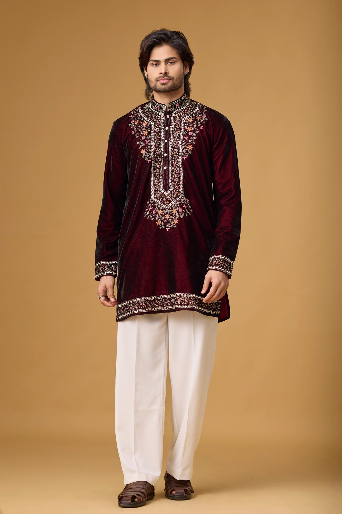 Regal Burgundy Velvet Floral Embroidered Kurta Set