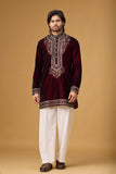 Regal Burgundy Velvet Floral Embroidered Kurta Set