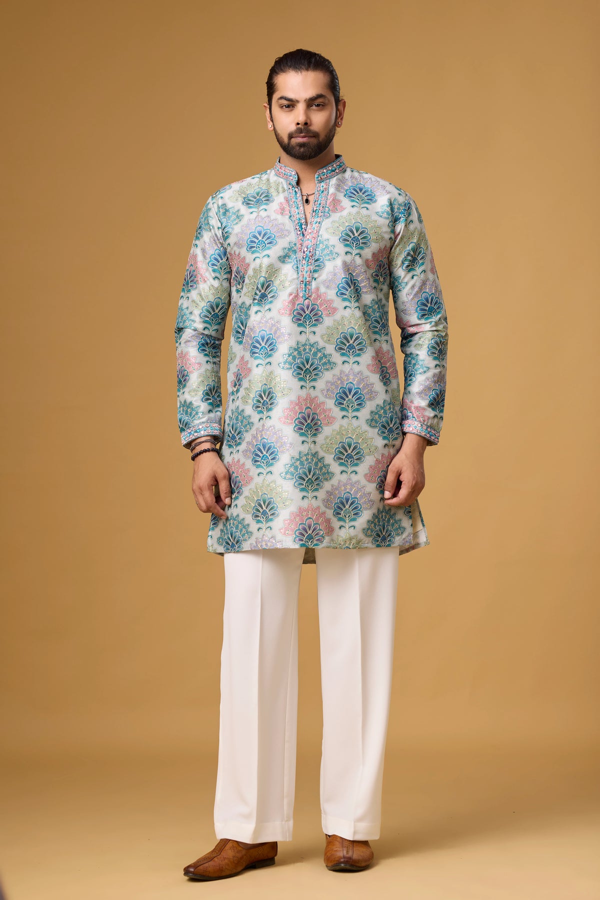 Azure Bloom Printed Jacquard Kurta Set