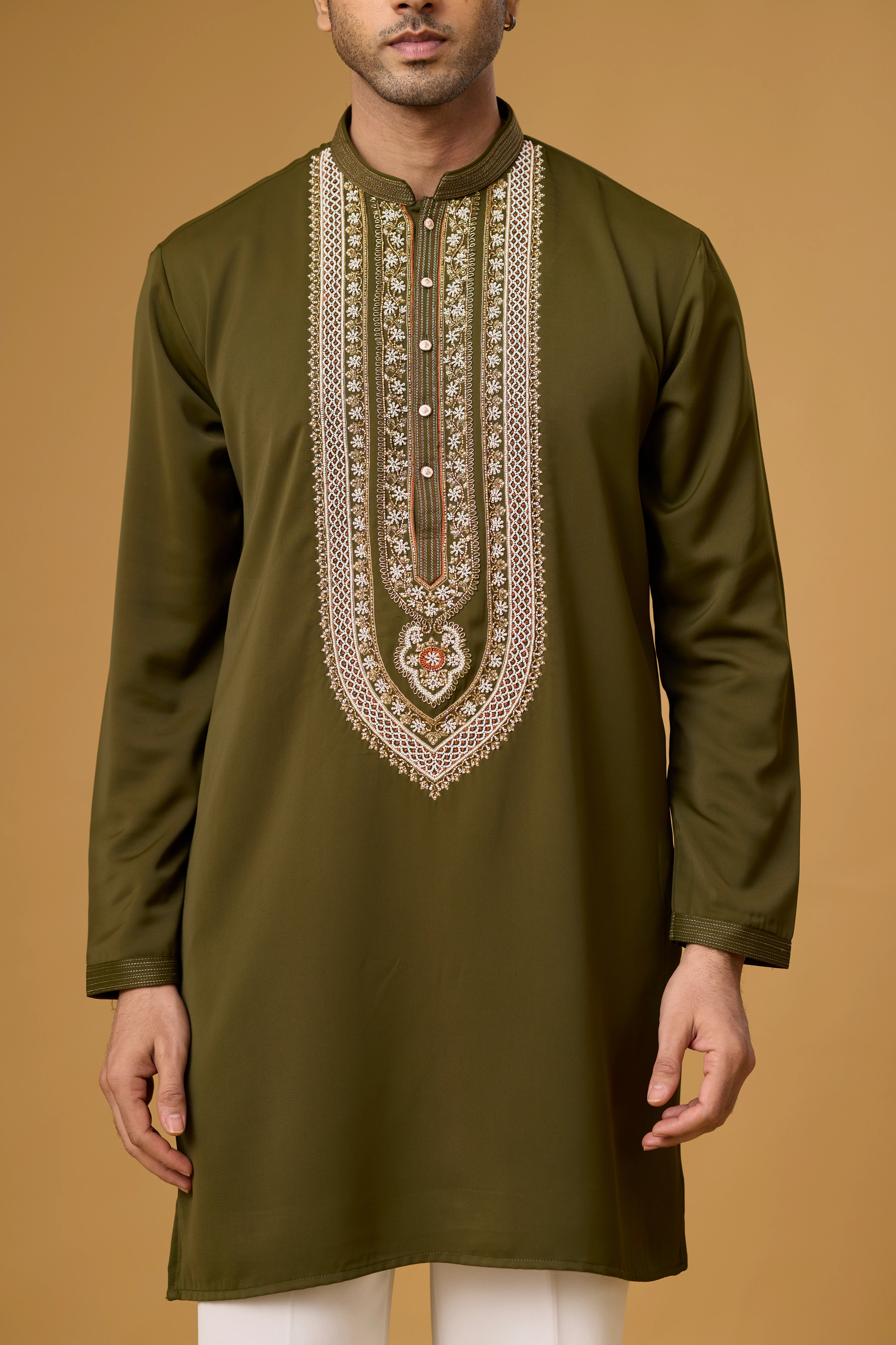 Olive Green Heritage Embroidered Kurta Set