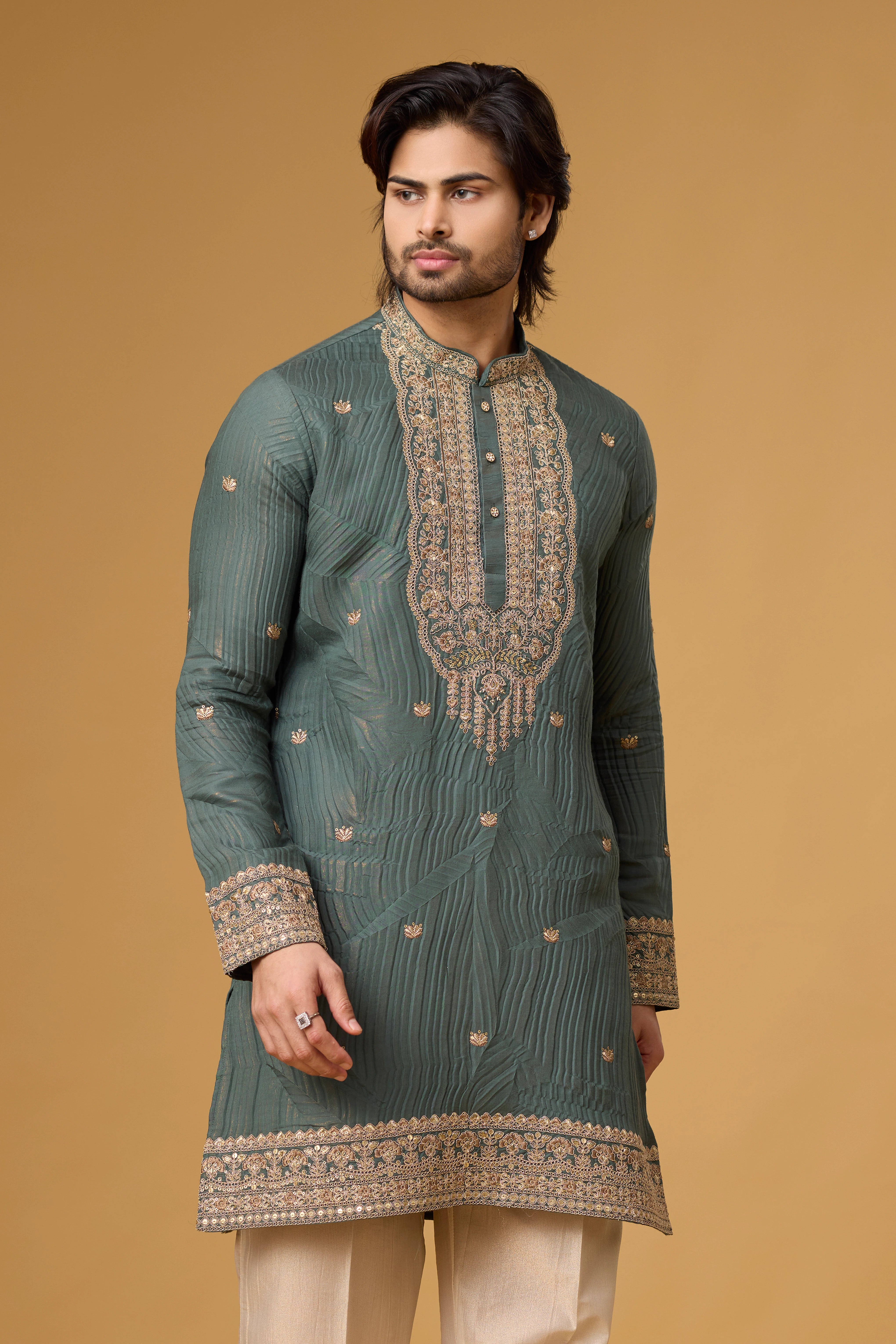Slate Grey Regal Embroidered Kurta Set for Men | Mahavir NX