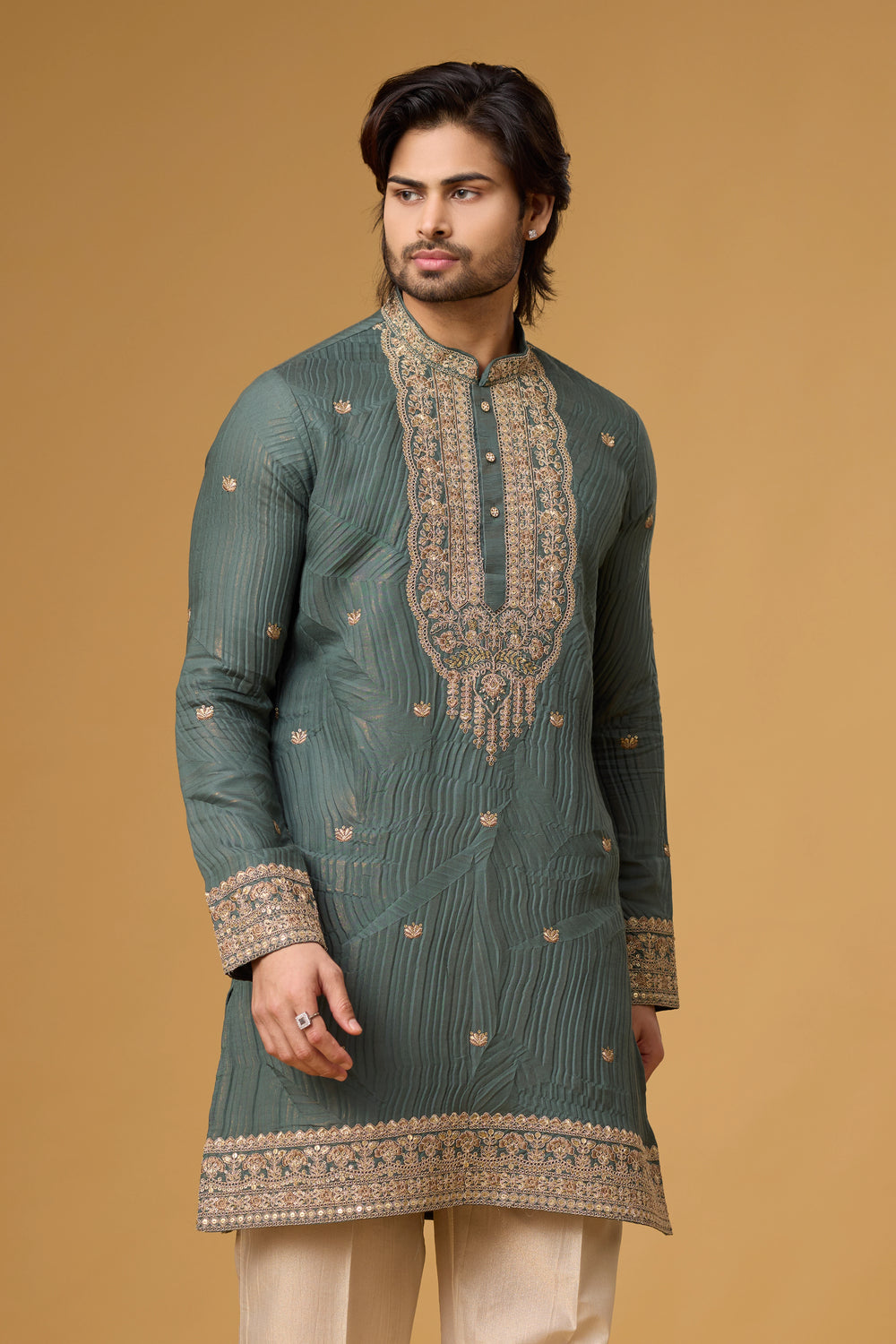 Slate Grey Regal Embroidered Kurta Set for Men | Mahavir NX