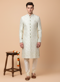 Regal Ivory Cream Jacquard Wedding Indo Western for Men