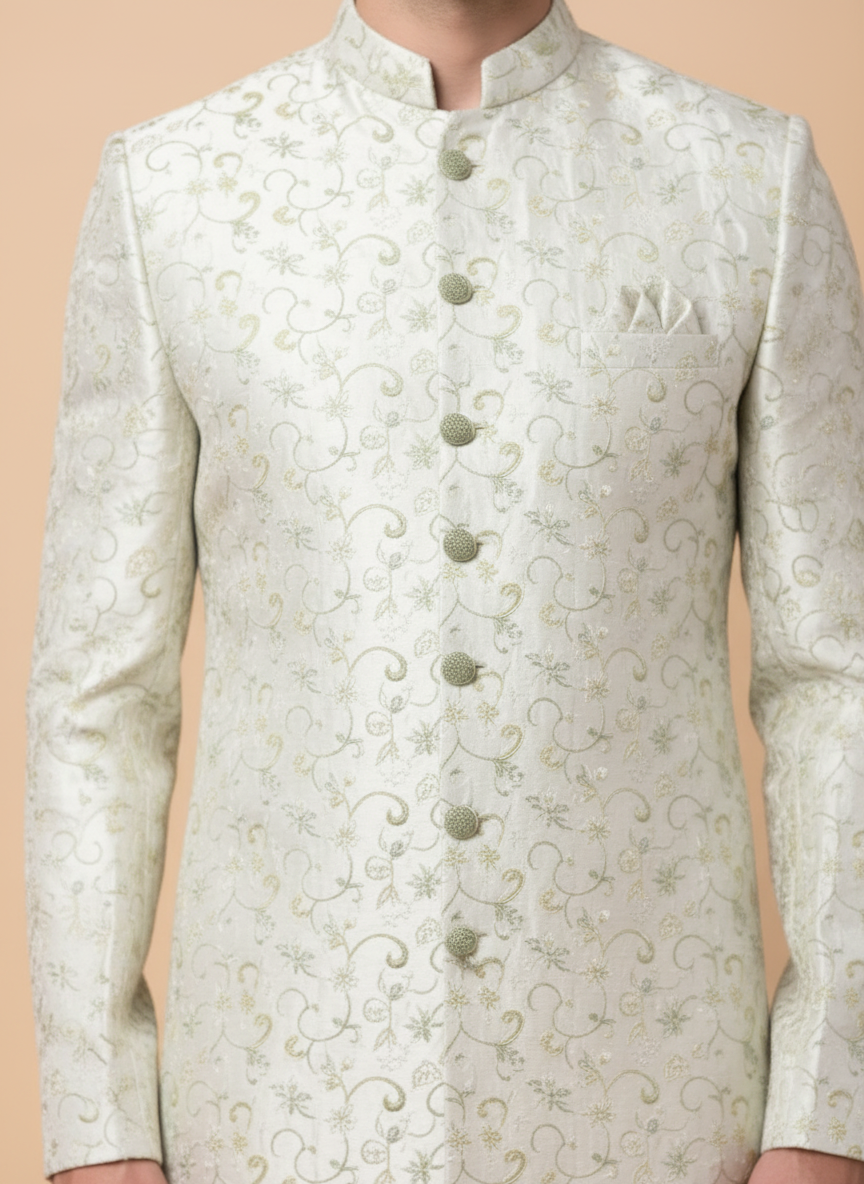 Regal Ivory Cream Jacquard Wedding Indo Western for Men