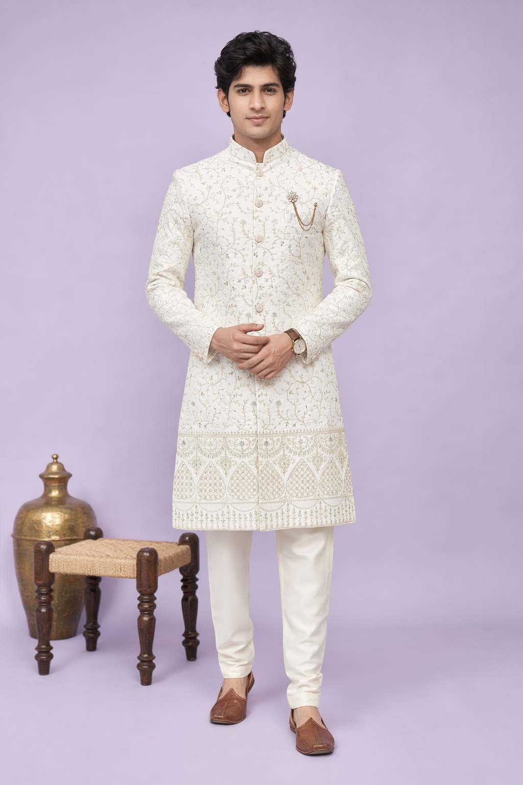 Royal Ivory Cream Embroidered Wedding Indo Western