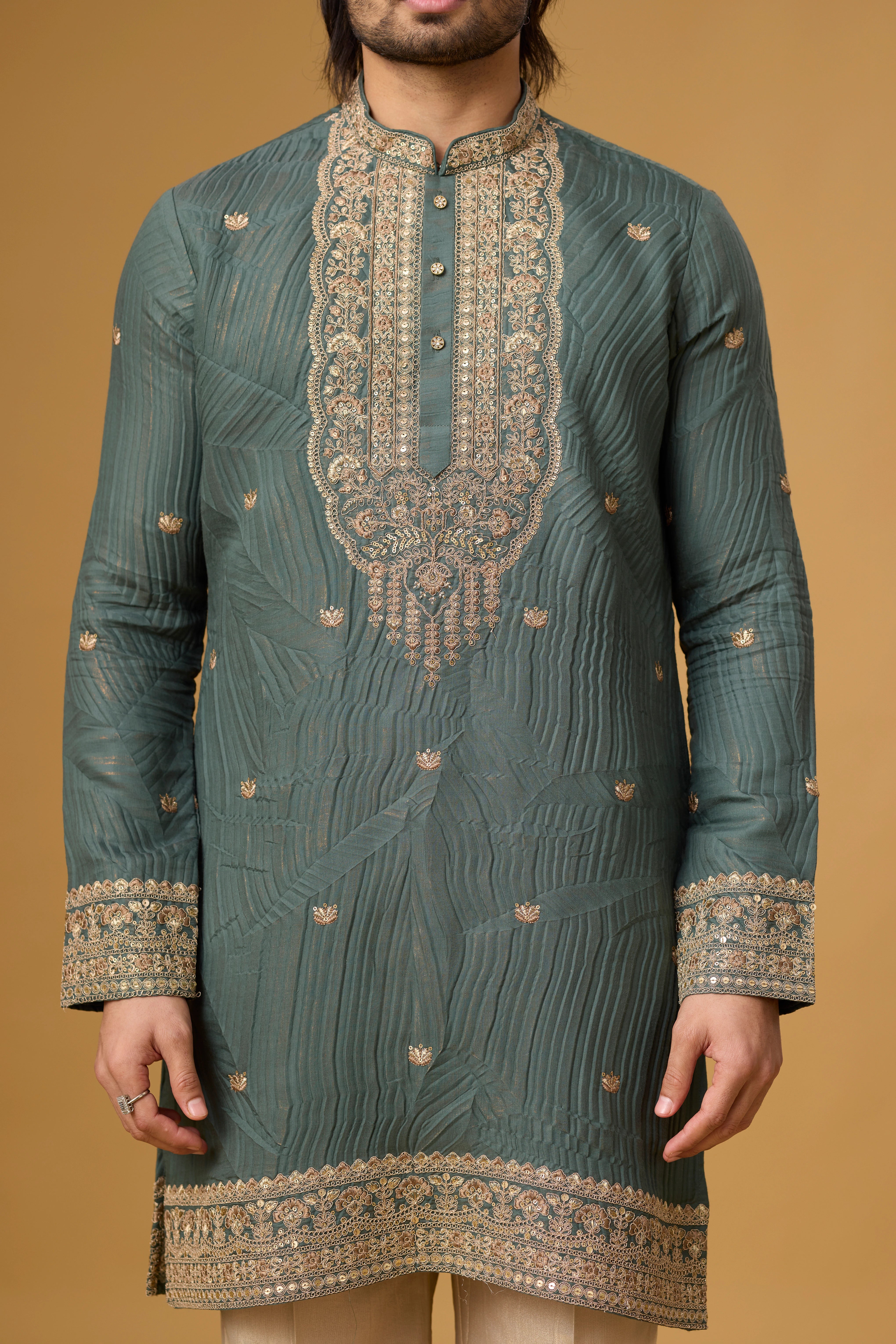 Designer Woven Embroidered Ethnic Kurta – Side View | Mahavir NX