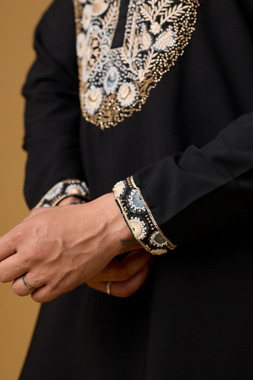 Premium Midnight Black Embroidered Kurta – Full Length View | Mahavir NX