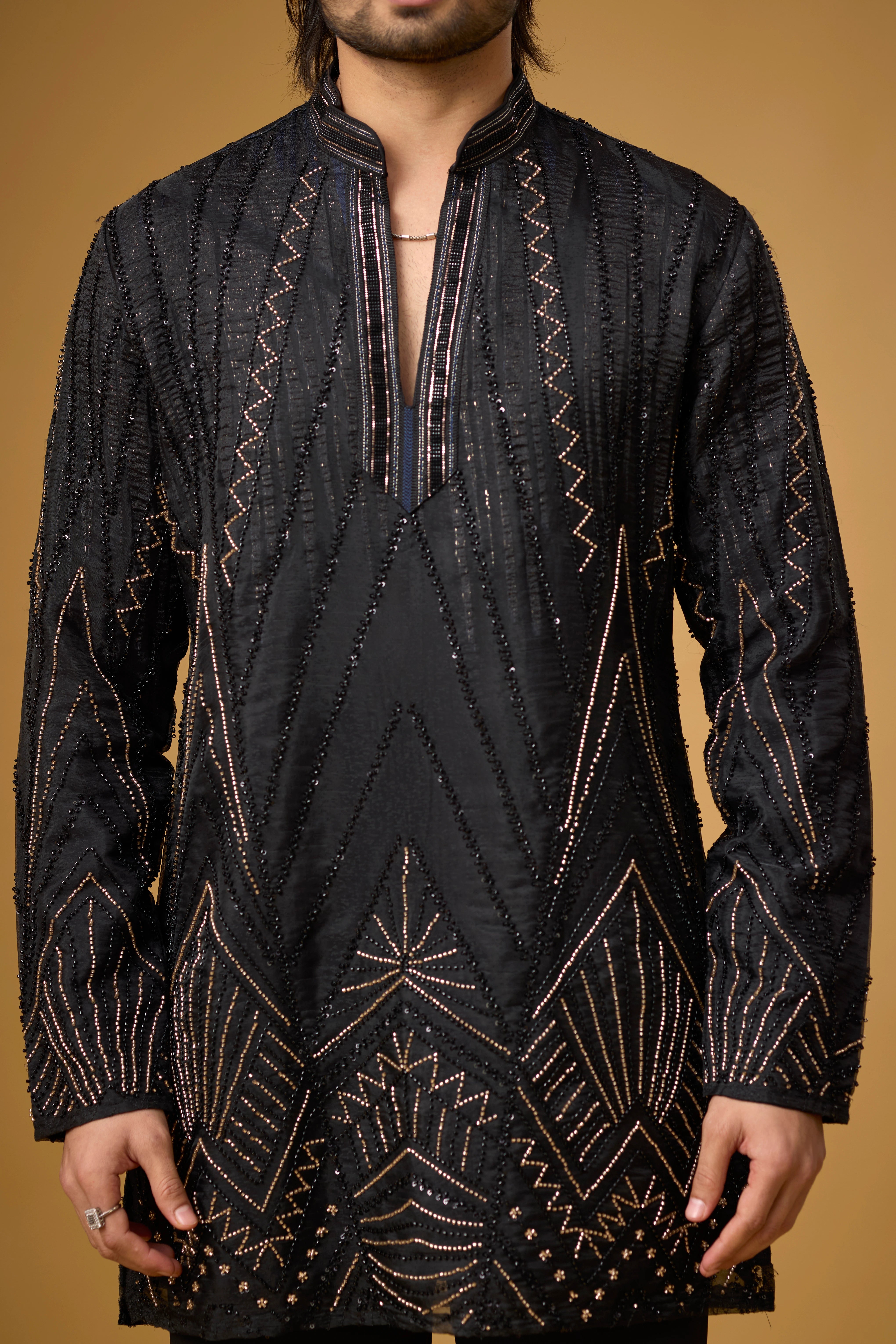 Midnight Black Geometric Embroidered Kurta Set