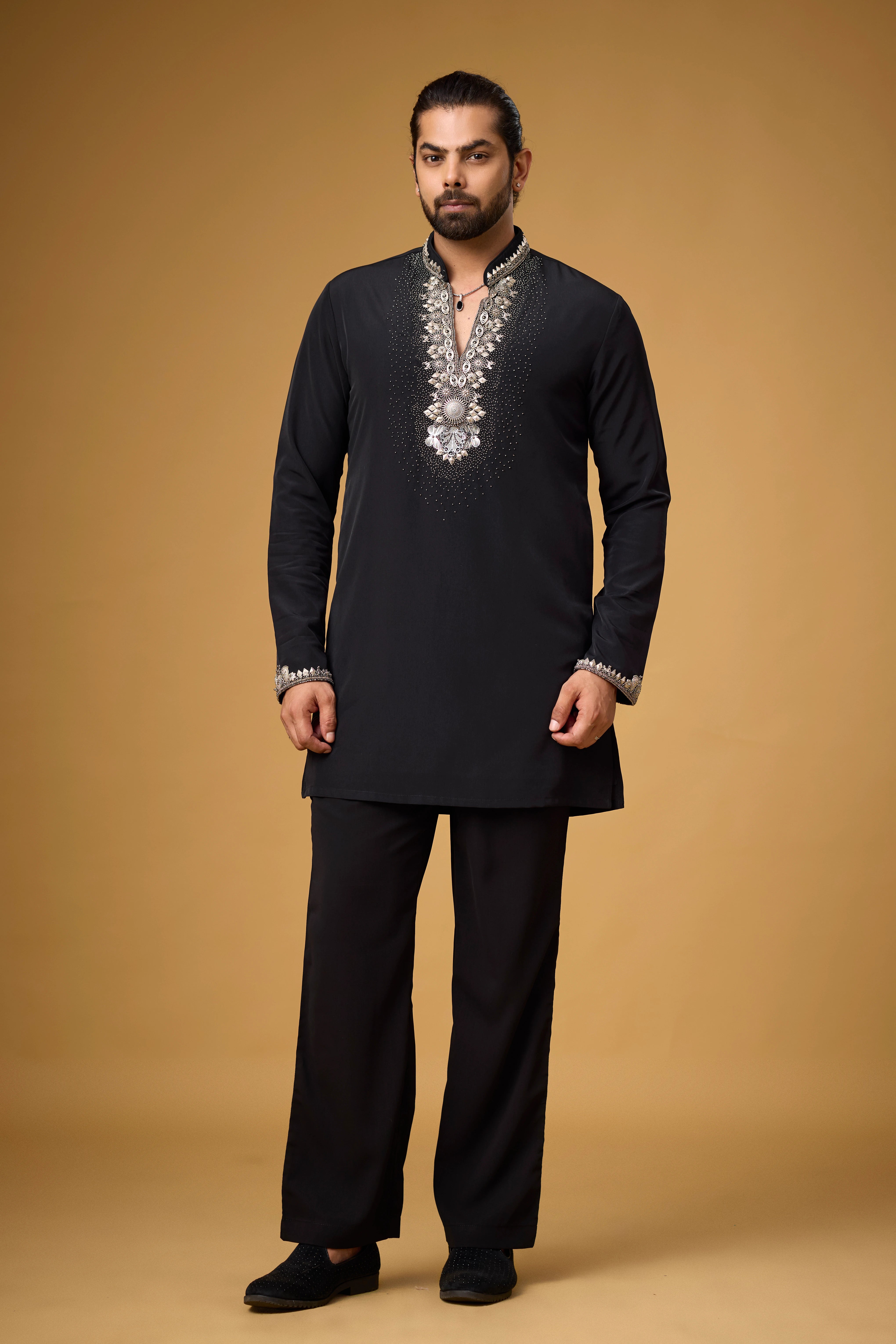 Midnight Black Pearlwork Neckline Kurta Set