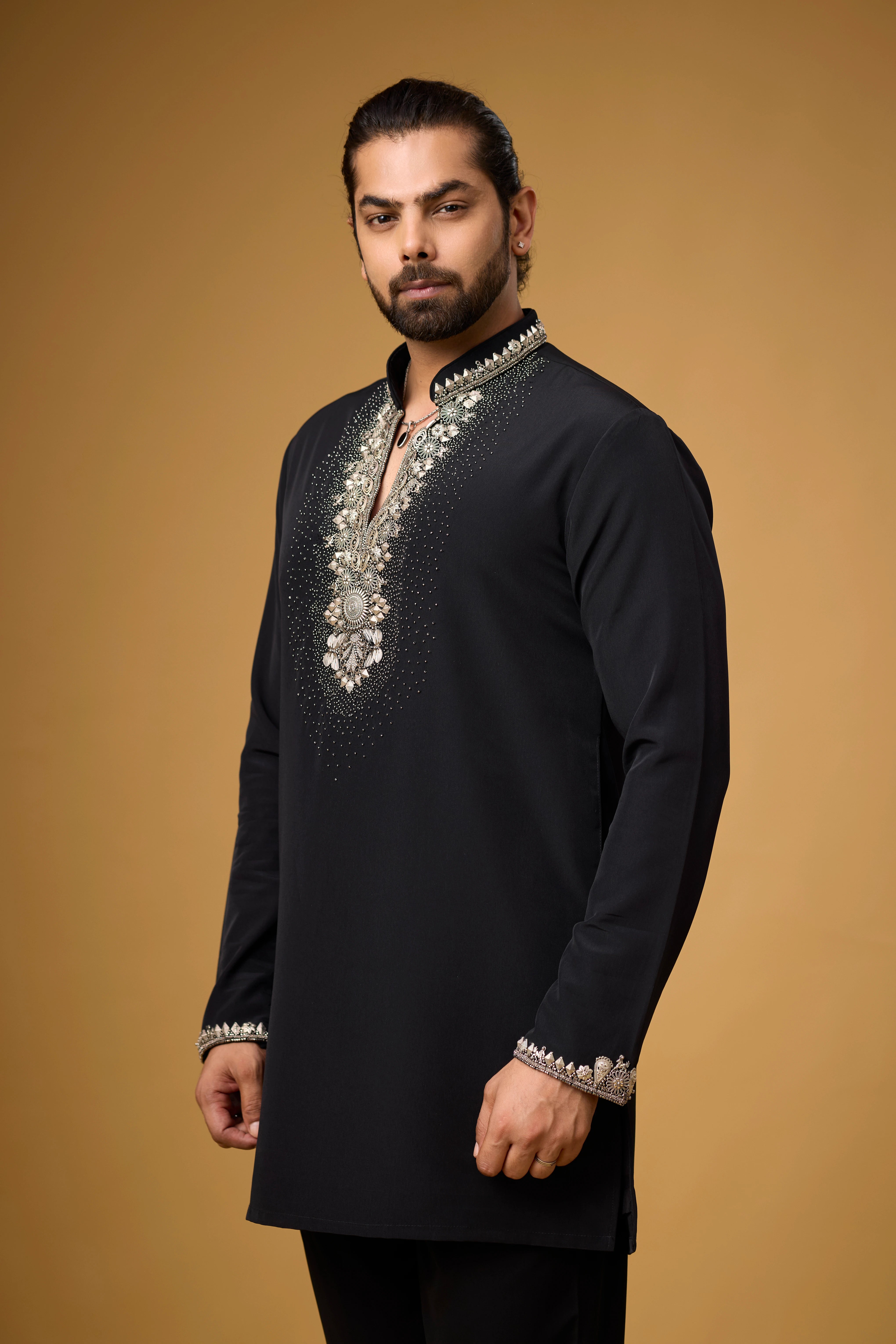 Midnight Black Pearlwork Neckline Kurta Set