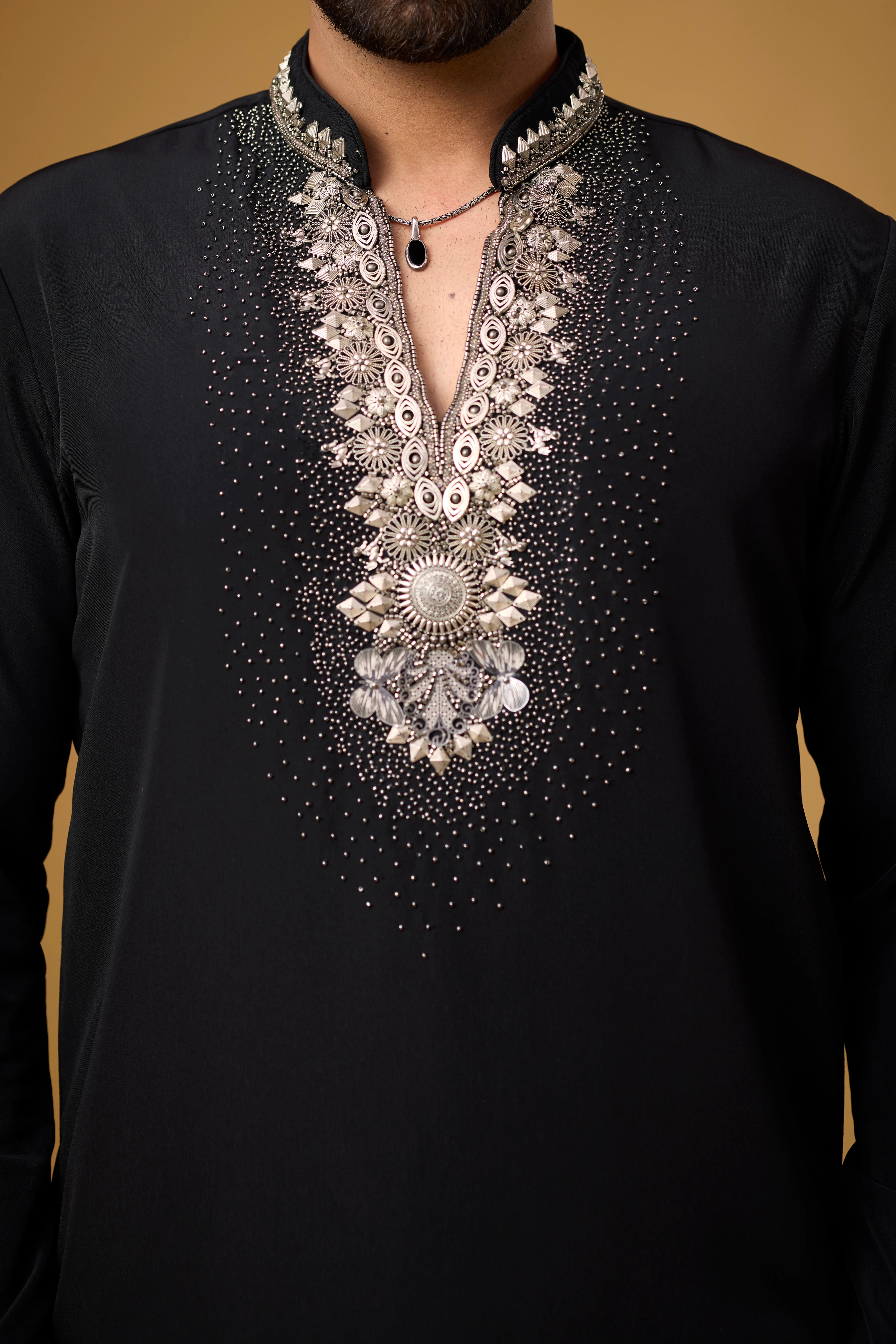 Midnight Black Pearlwork Neckline Kurta Set