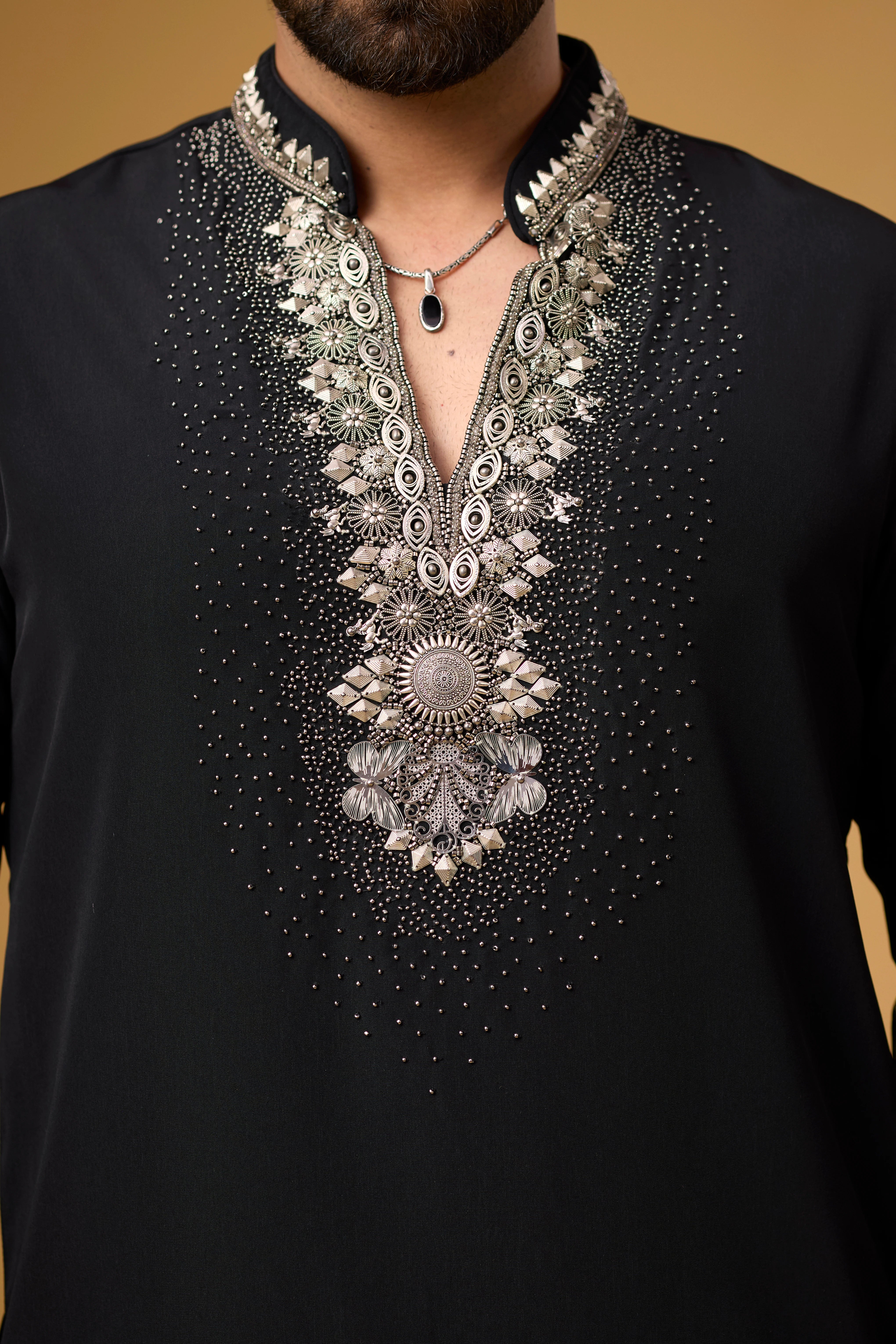 Midnight Black Pearlwork Neckline Kurta Set