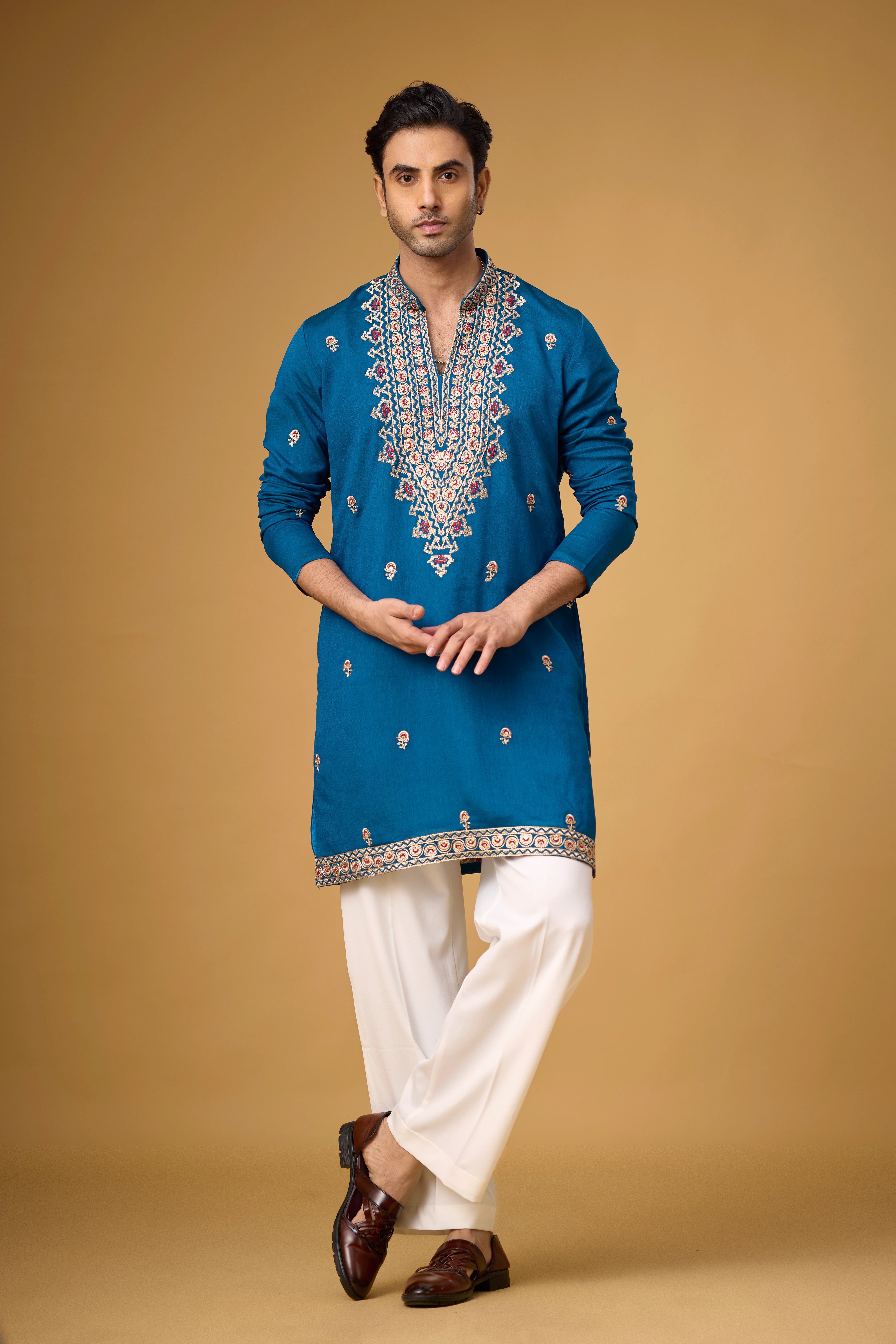 Regal Teal Blue Heritage Embroidered Kurta