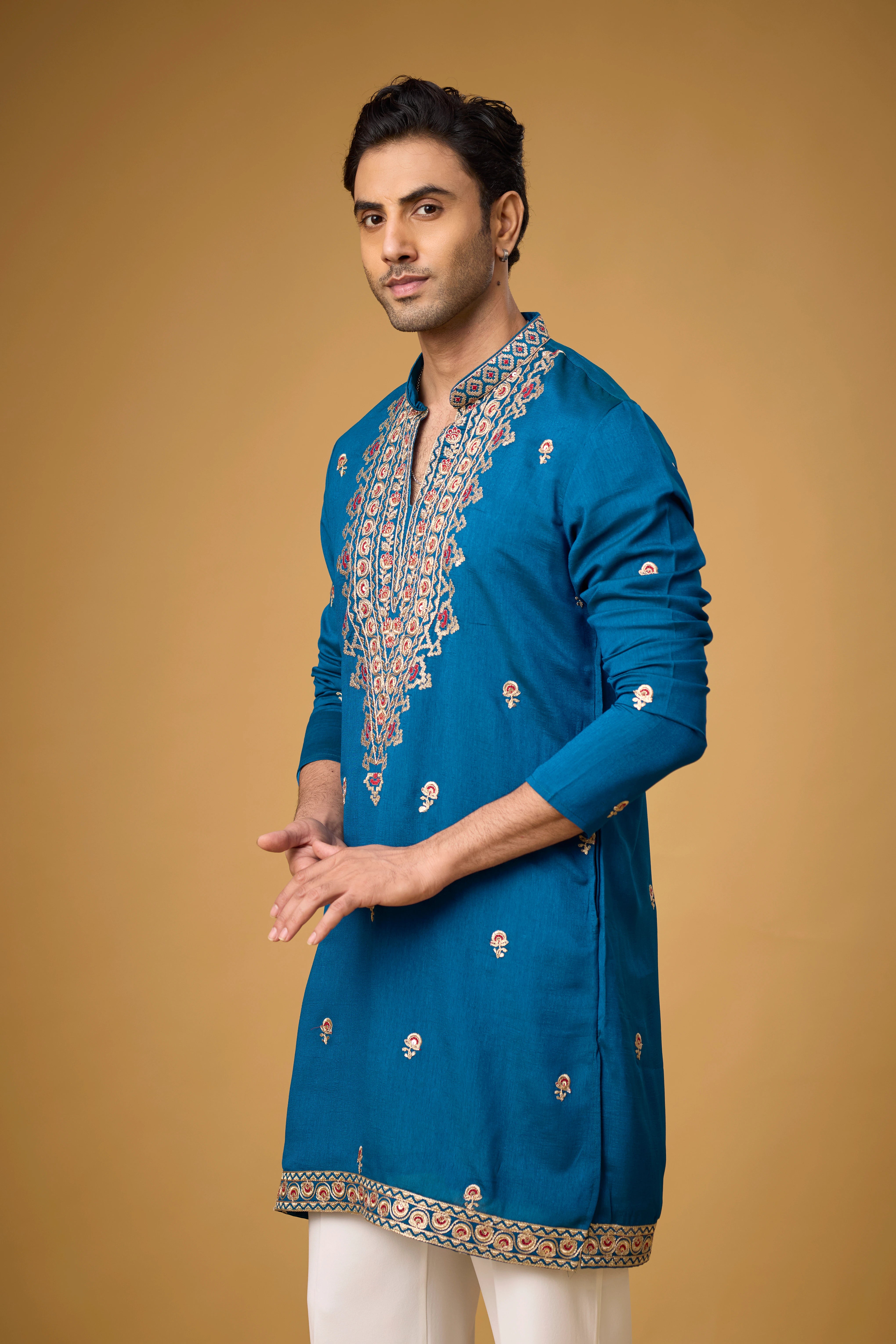 Regal Teal Blue Heritage Embroidered Kurta