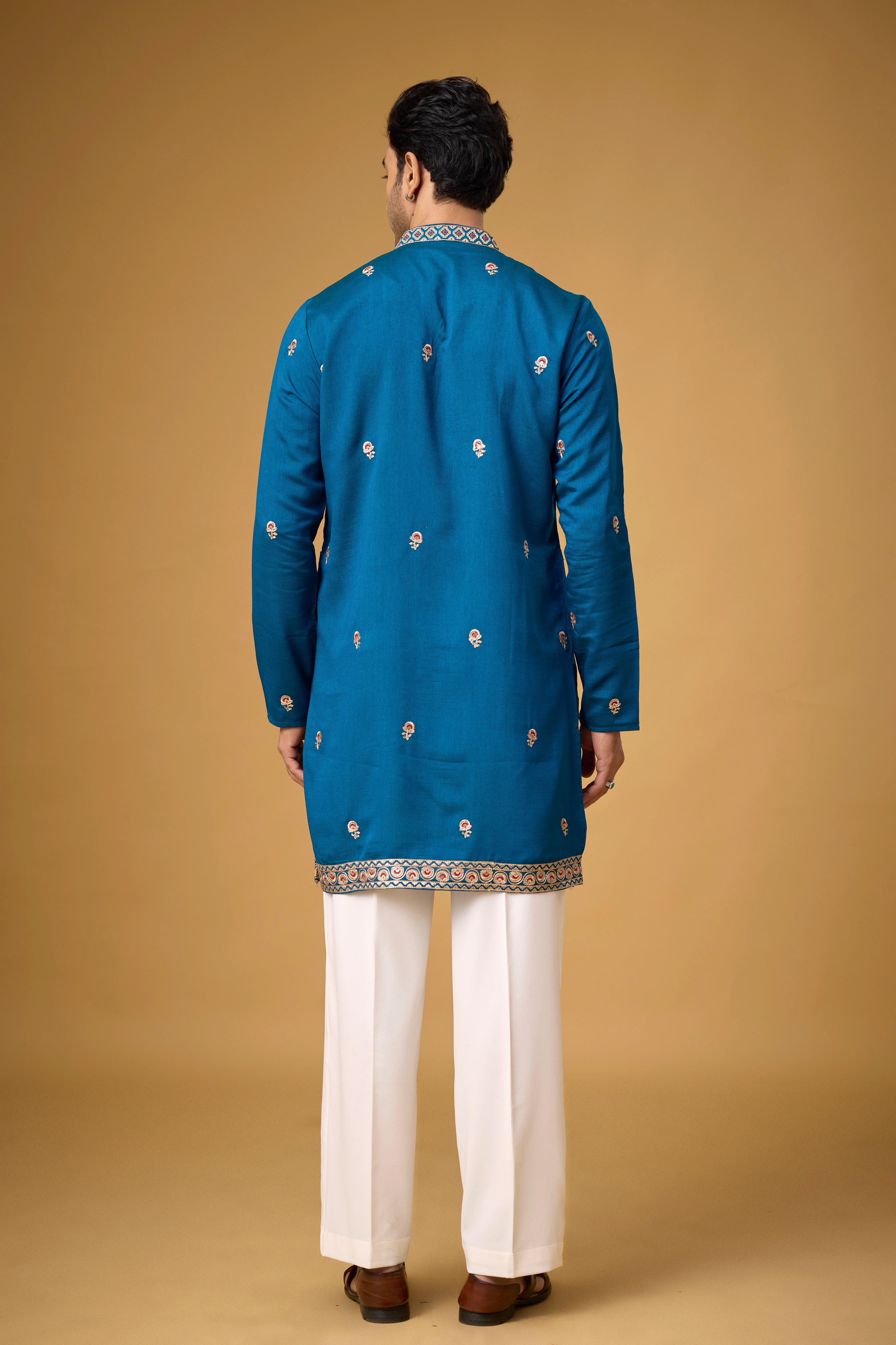 Regal Teal Blue Heritage Embroidered Kurta