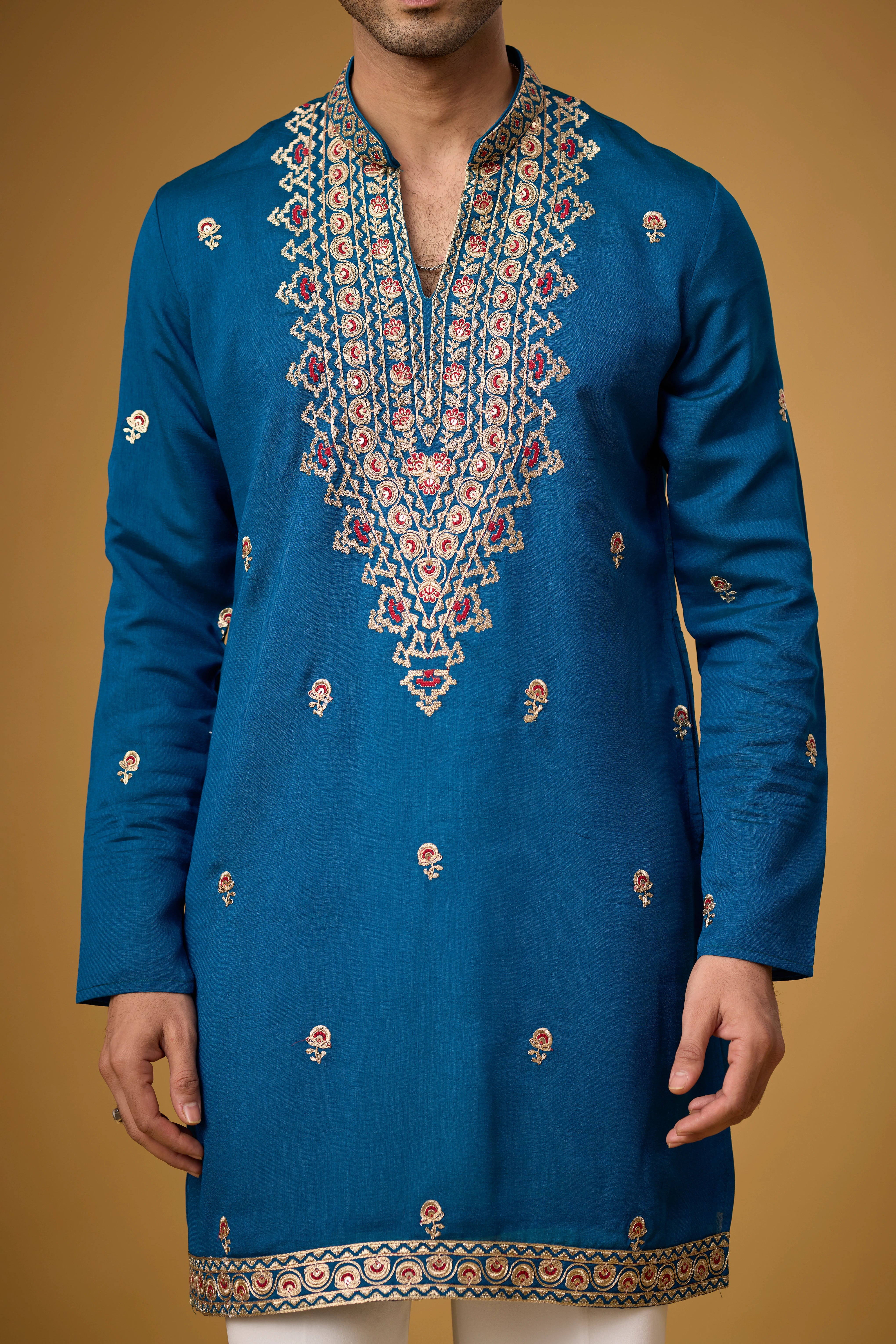 Regal Teal Blue Heritage Embroidered Kurta