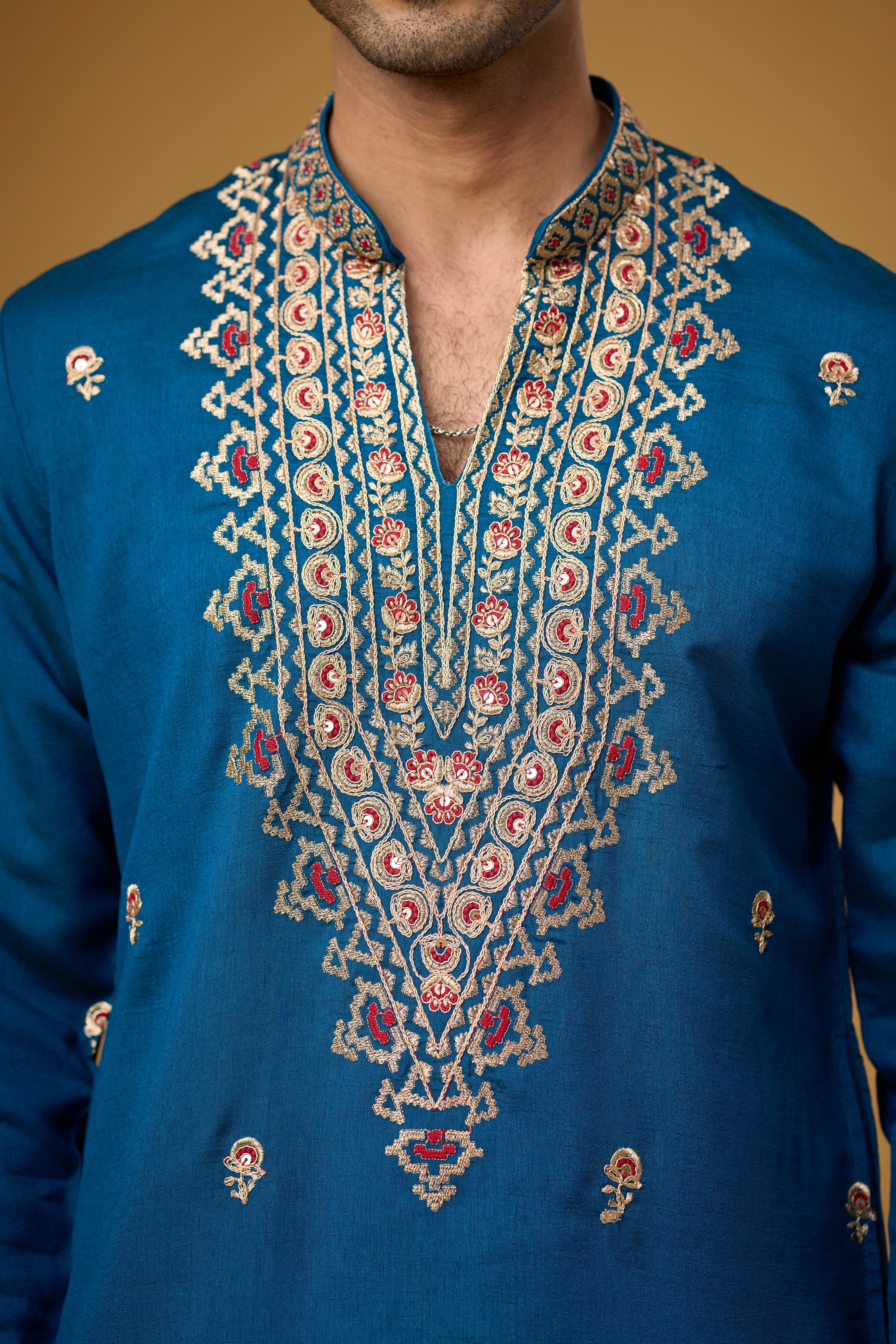 Regal Teal Blue Heritage Embroidered Kurta