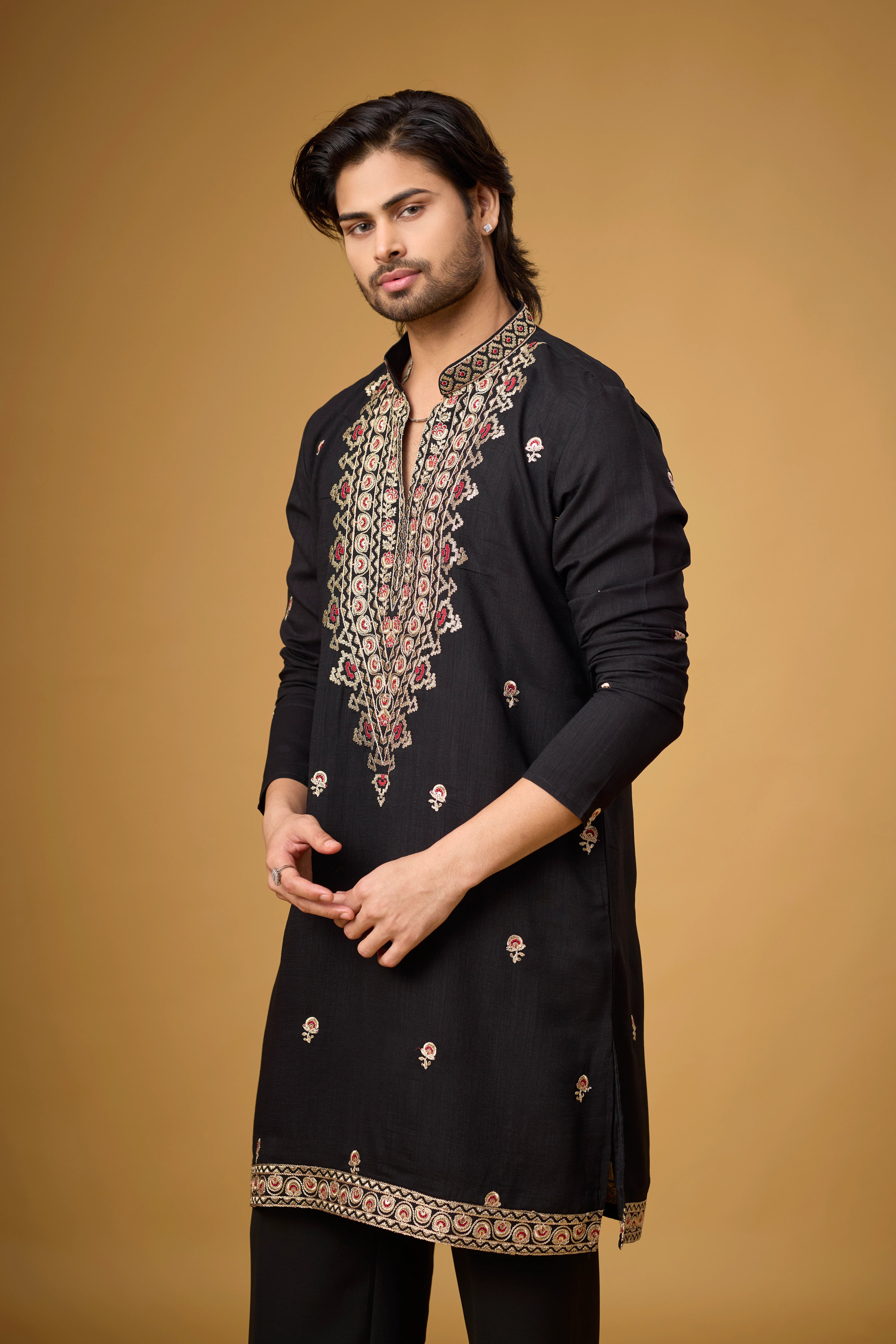 Midnight Black Heritage Motif Embroidered Kurta