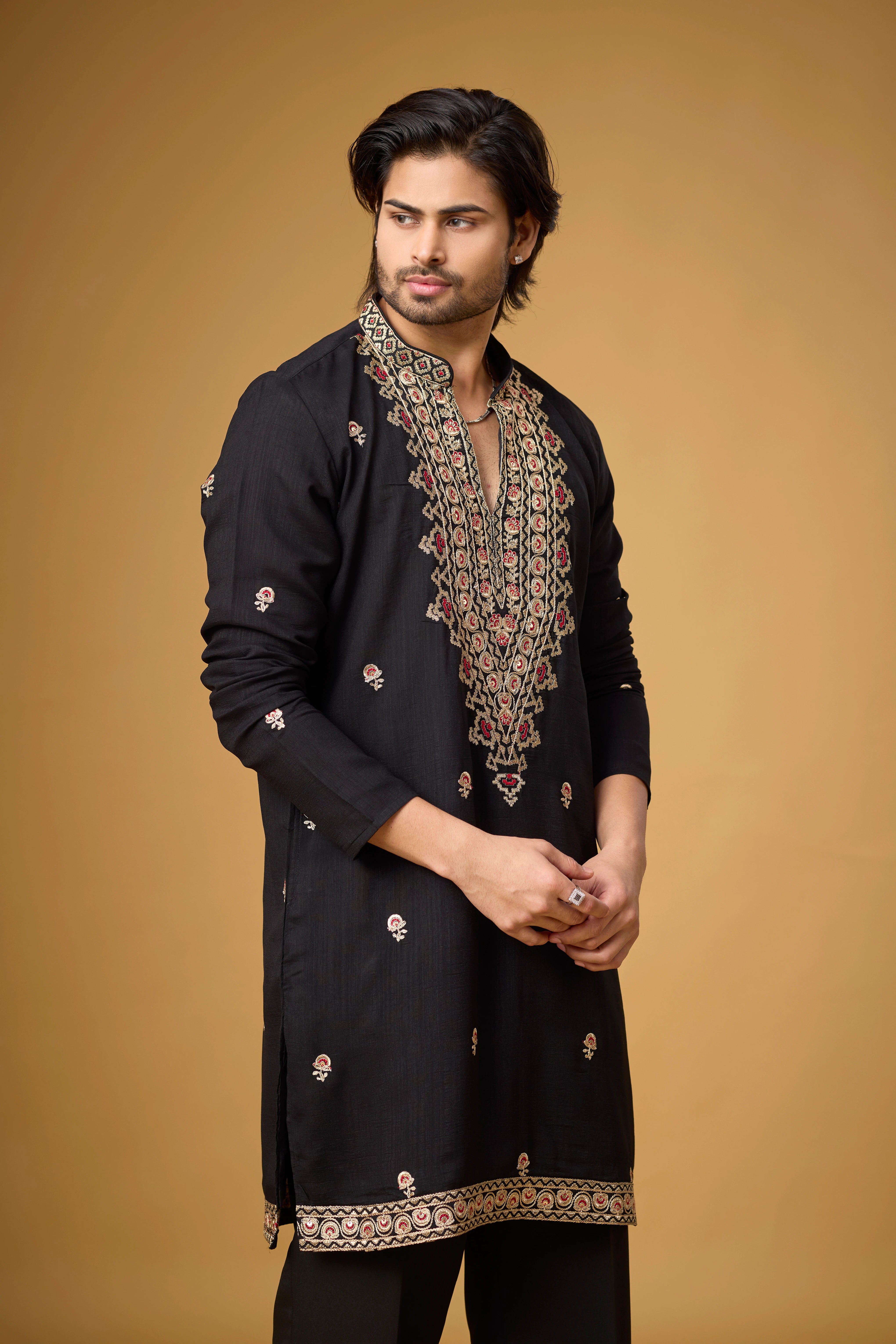 Midnight Black Heritage Motif Embroidered Kurta