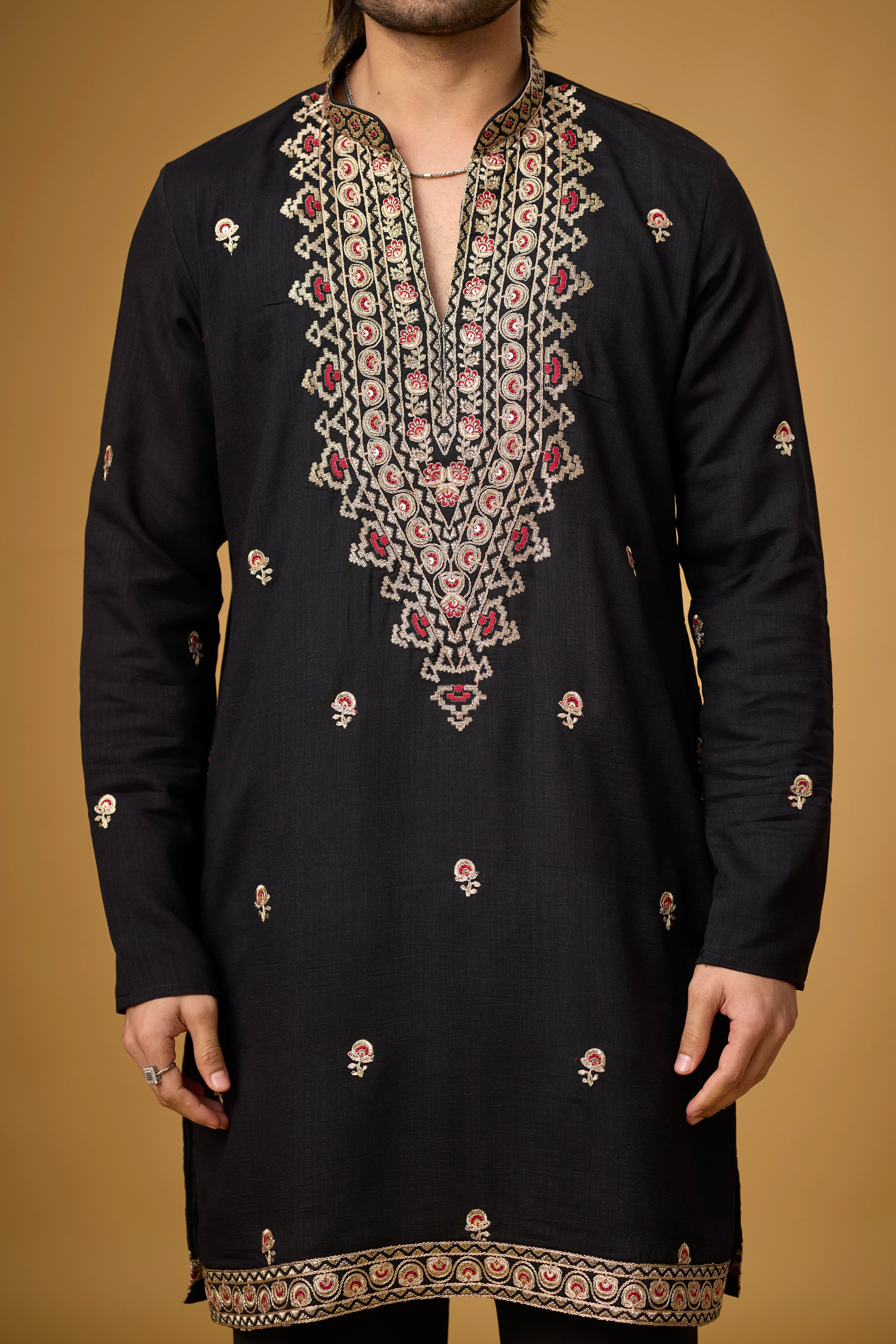 Midnight Black Heritage Motif Embroidered Kurta