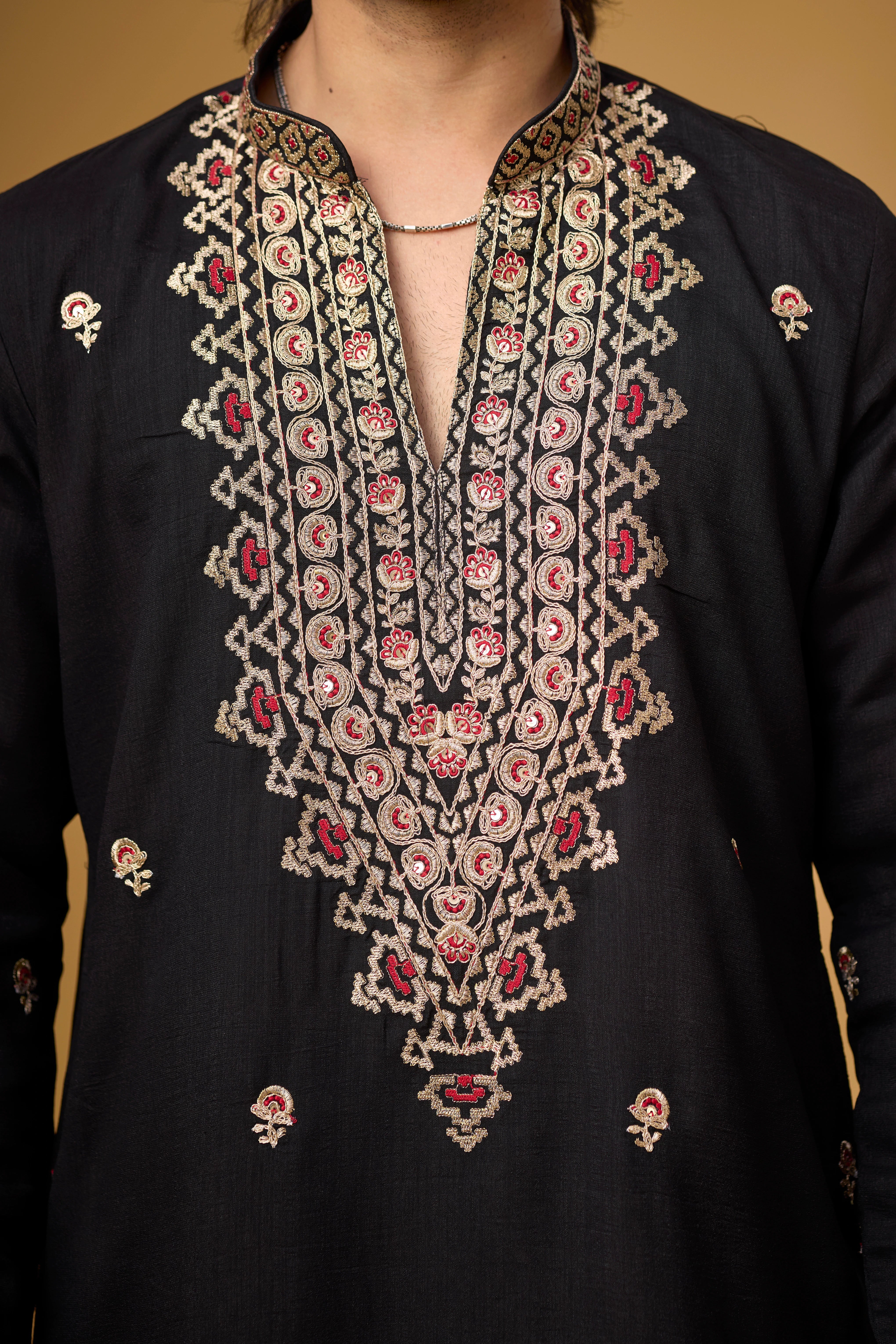 Midnight Black Heritage Motif Embroidered Kurta