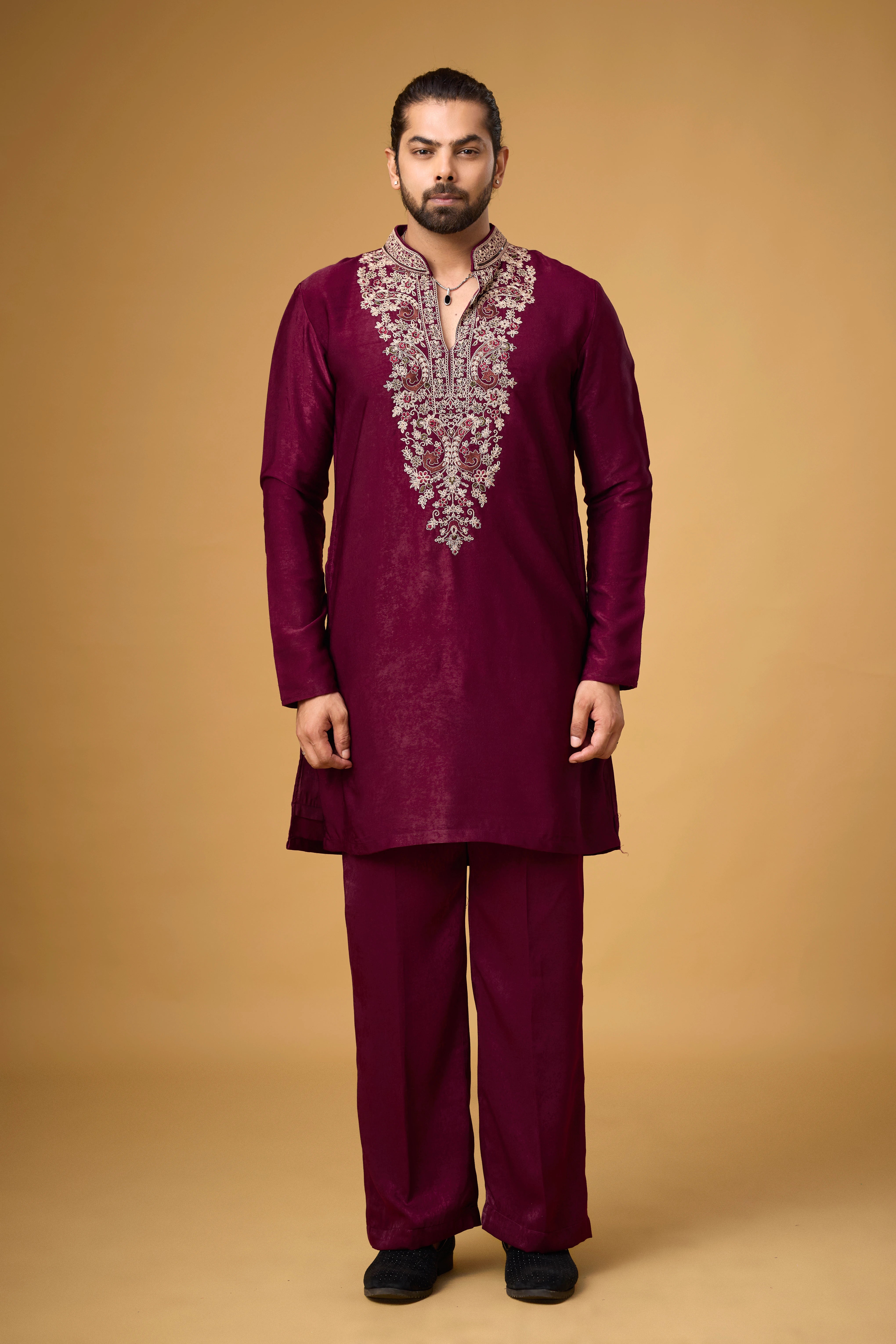 Royal Burgundy Embroidered Kurta Set with Stole