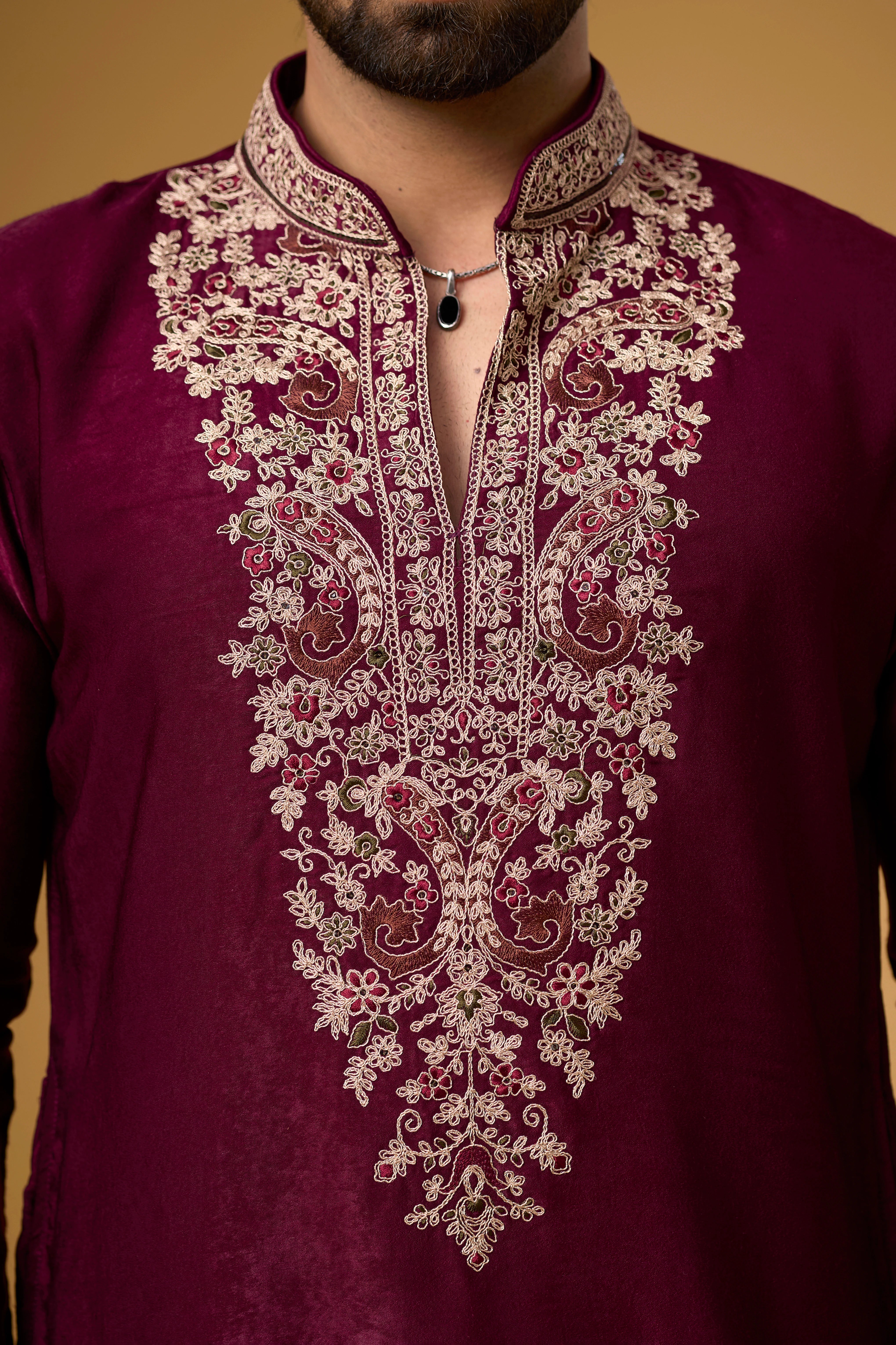 Royal Burgundy Embroidered Kurta Set with Stole