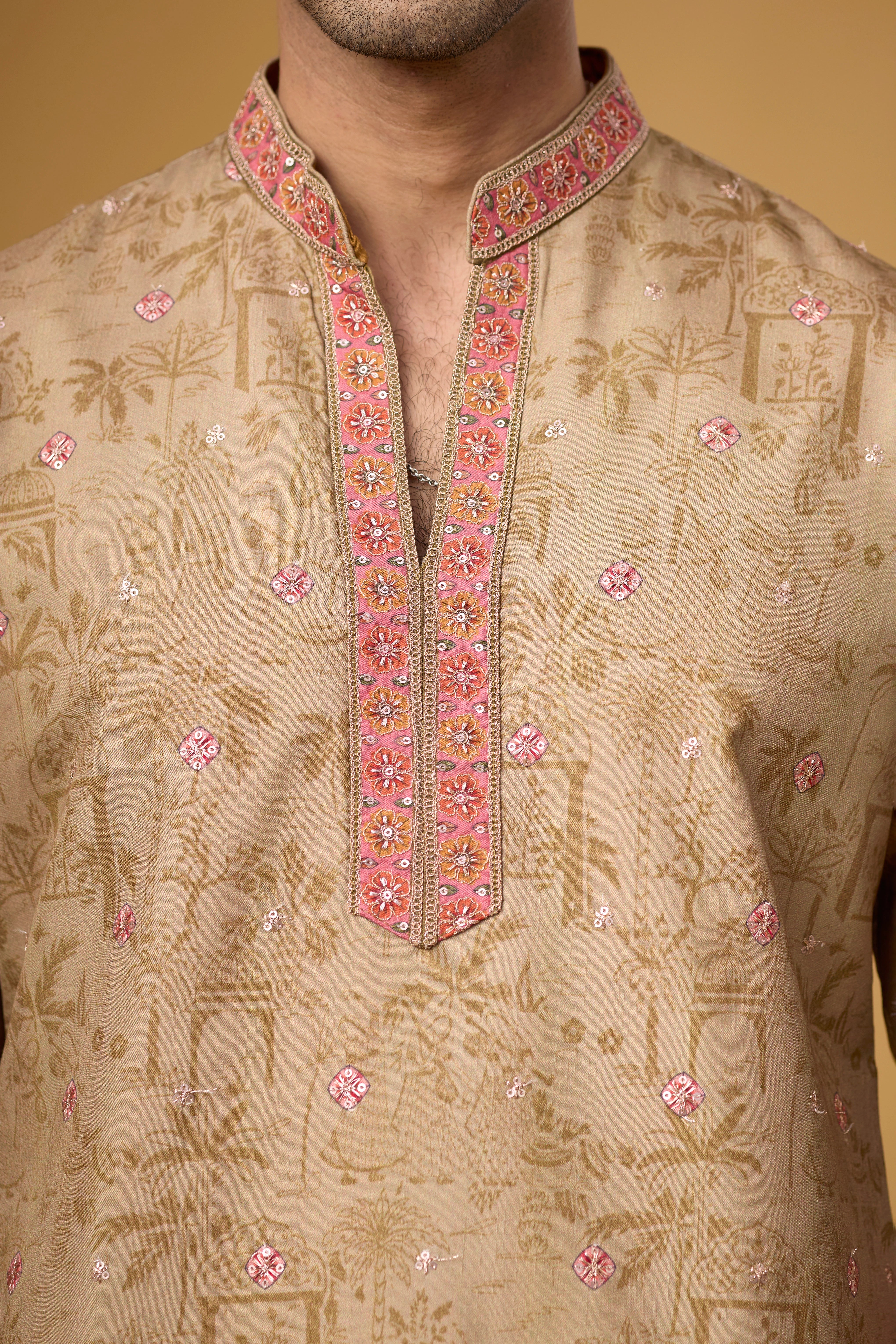 Champagne Beige Heritage Story Embroidered Kurta Set