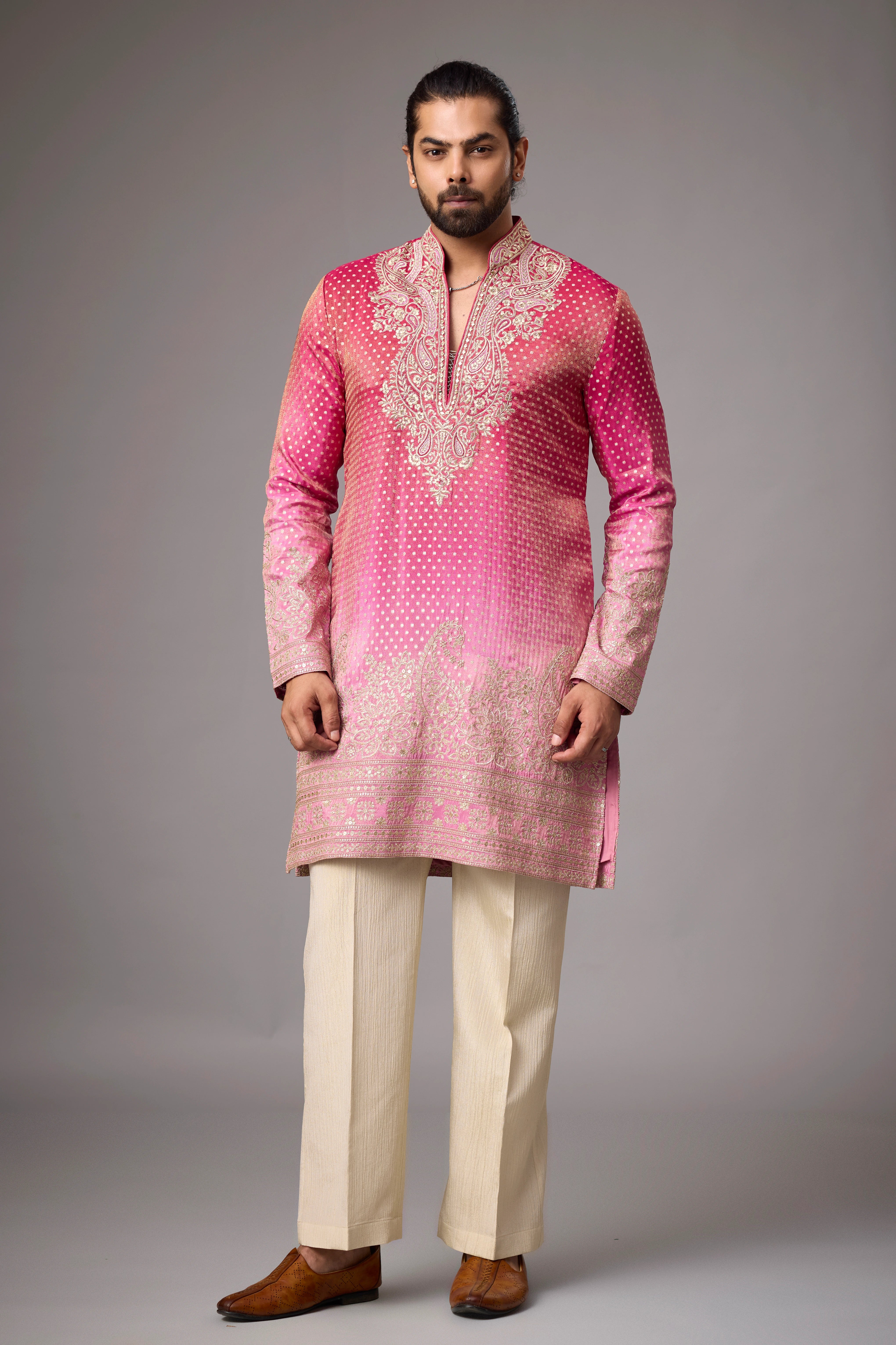 Rose Pink Paisley Embroidered Heritage Kurta Set for Men | Mahavir NX