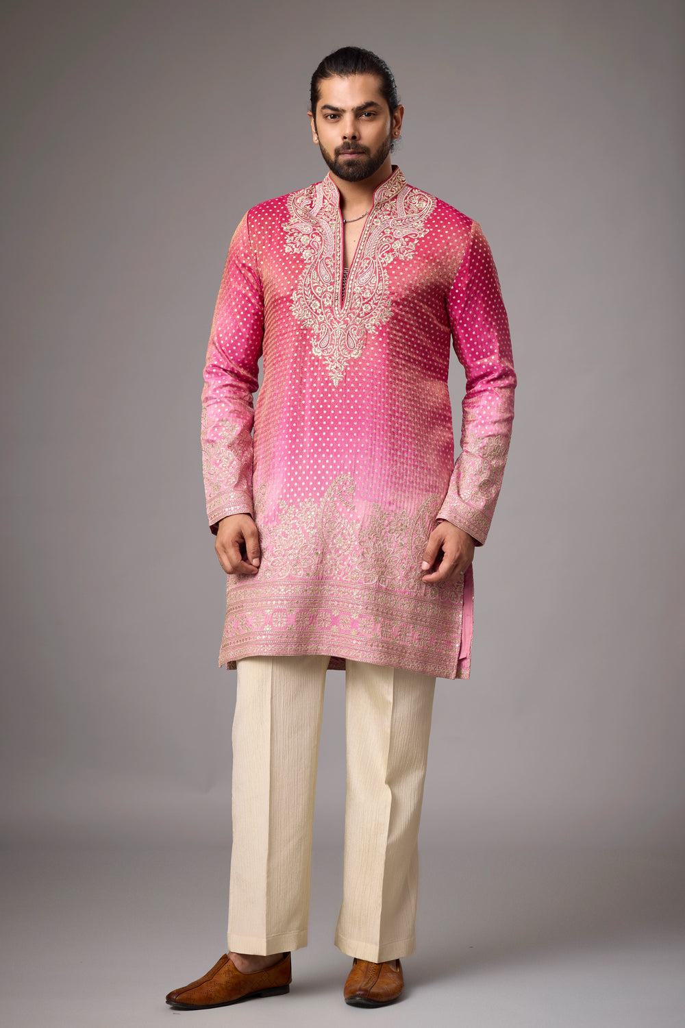 Rose Pink Paisley Embroidered Heritage Kurta Set for Men | Mahavir NX