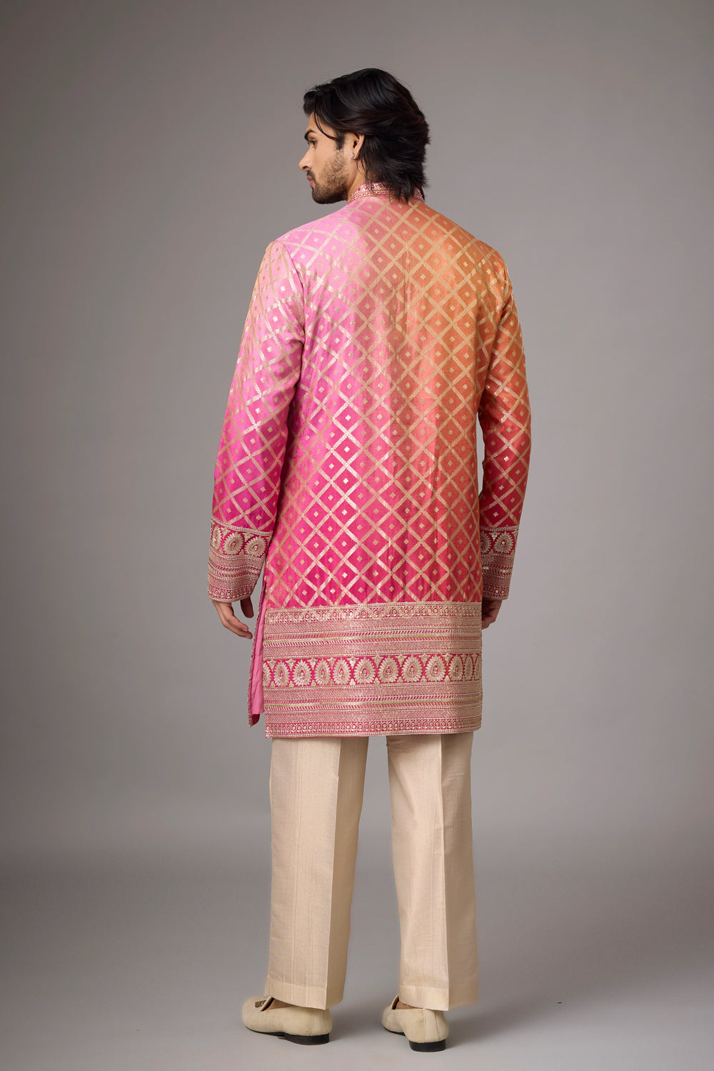 Rose Gold Woven Kurta Pajama Set for Men – Front View | Mahavir NX