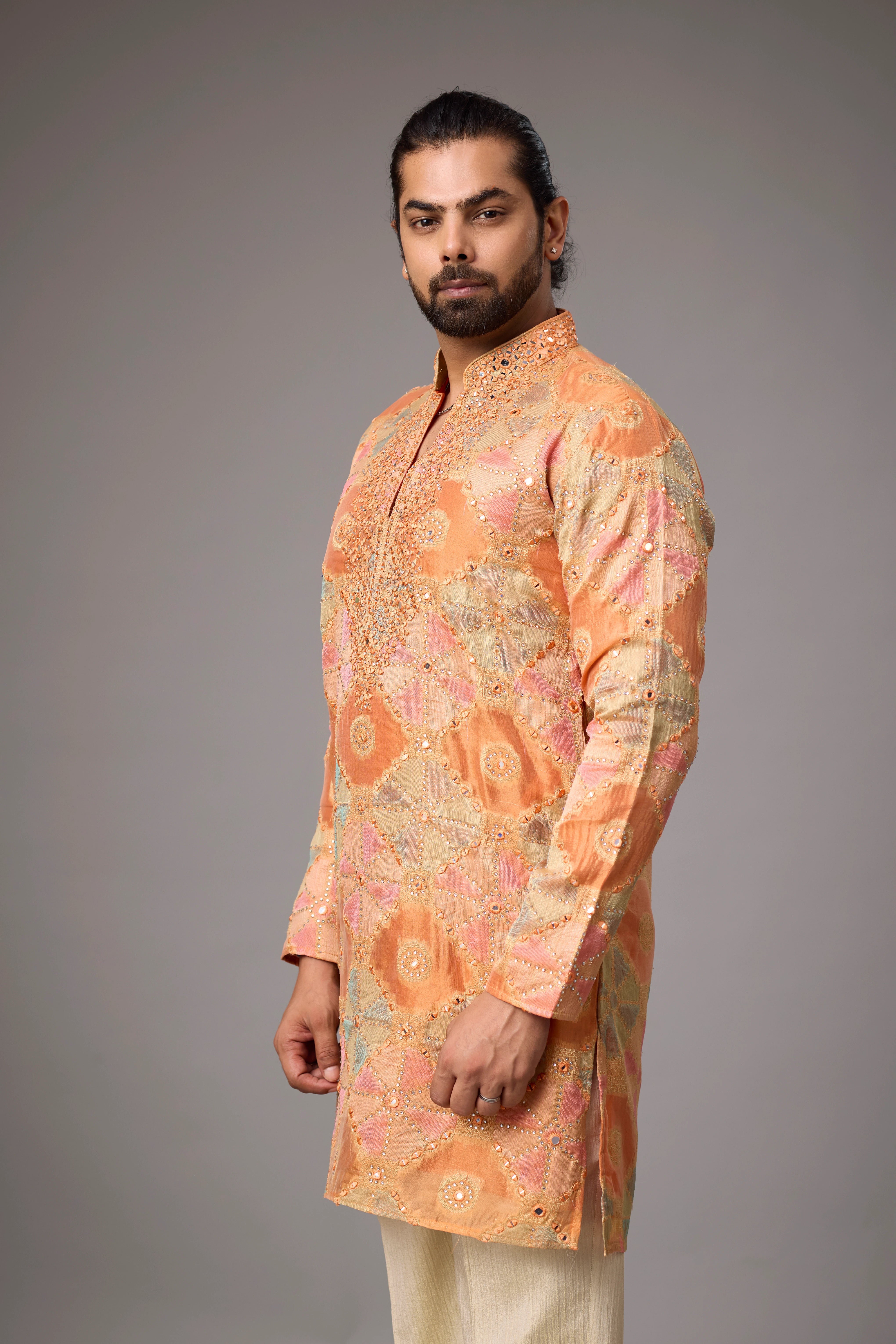 Peach Gold Artisanal Embroidered Kurta Set