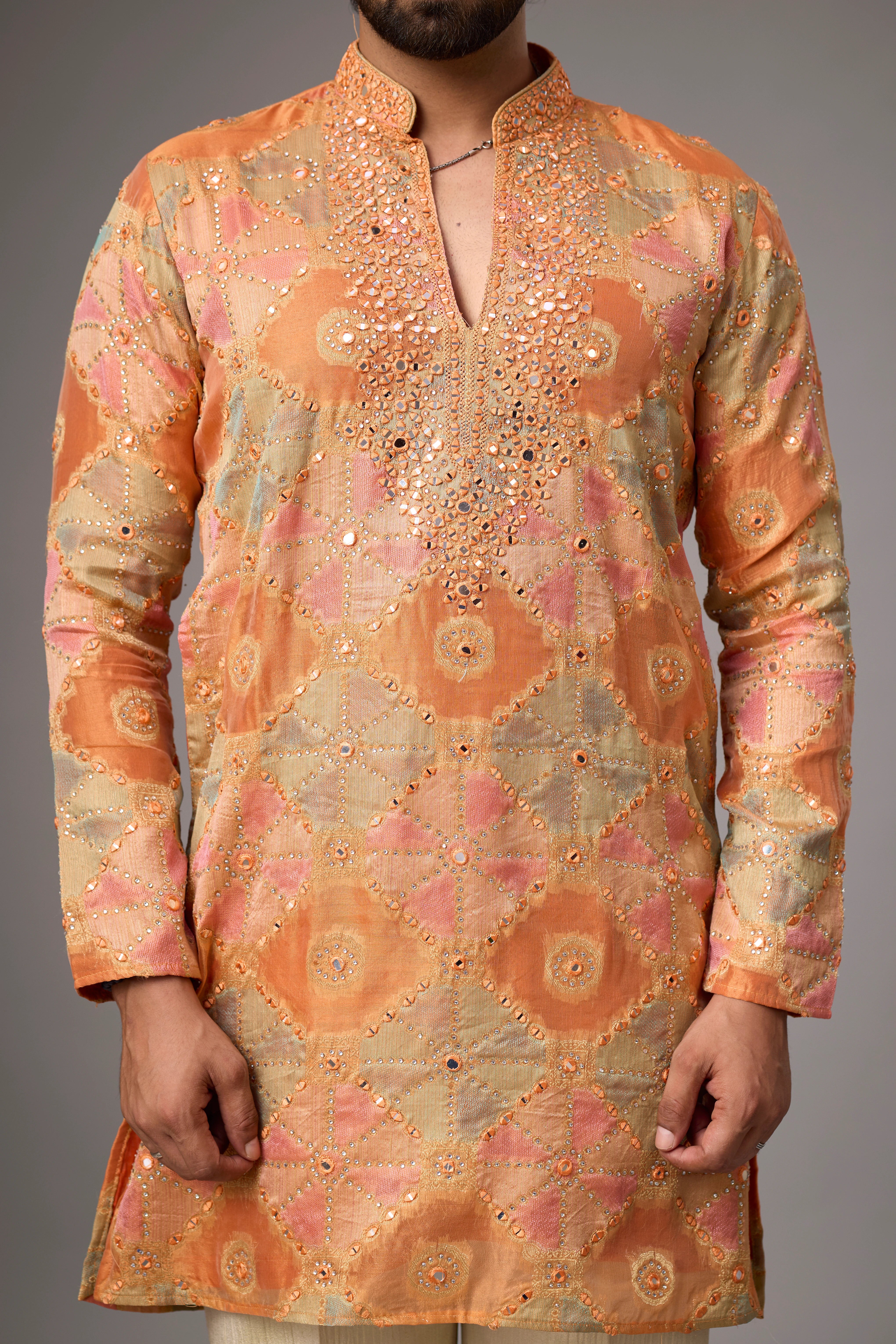 Peach Gold Artisanal Embroidered Kurta Set