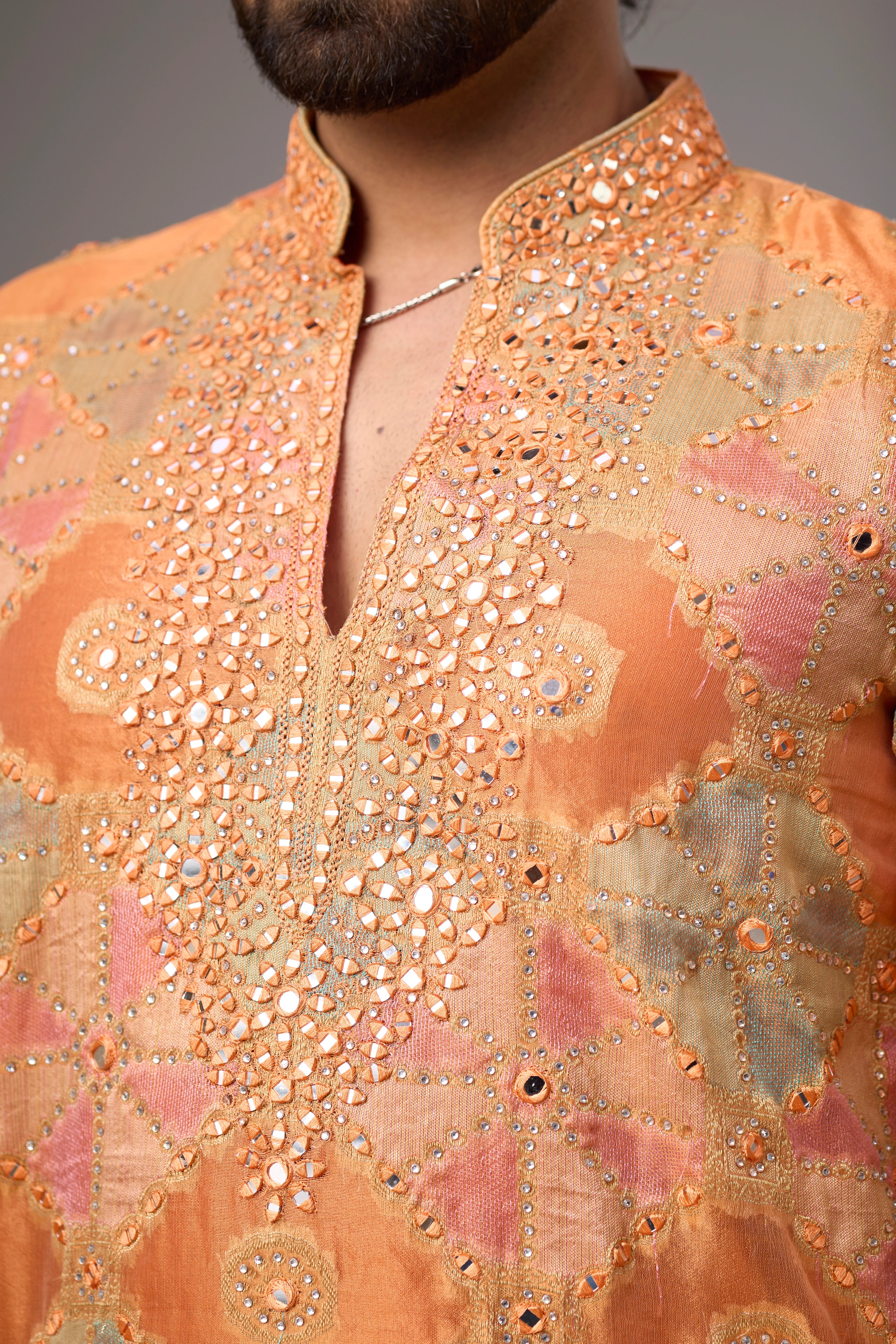 Peach Gold Artisanal Embroidered Kurta Set