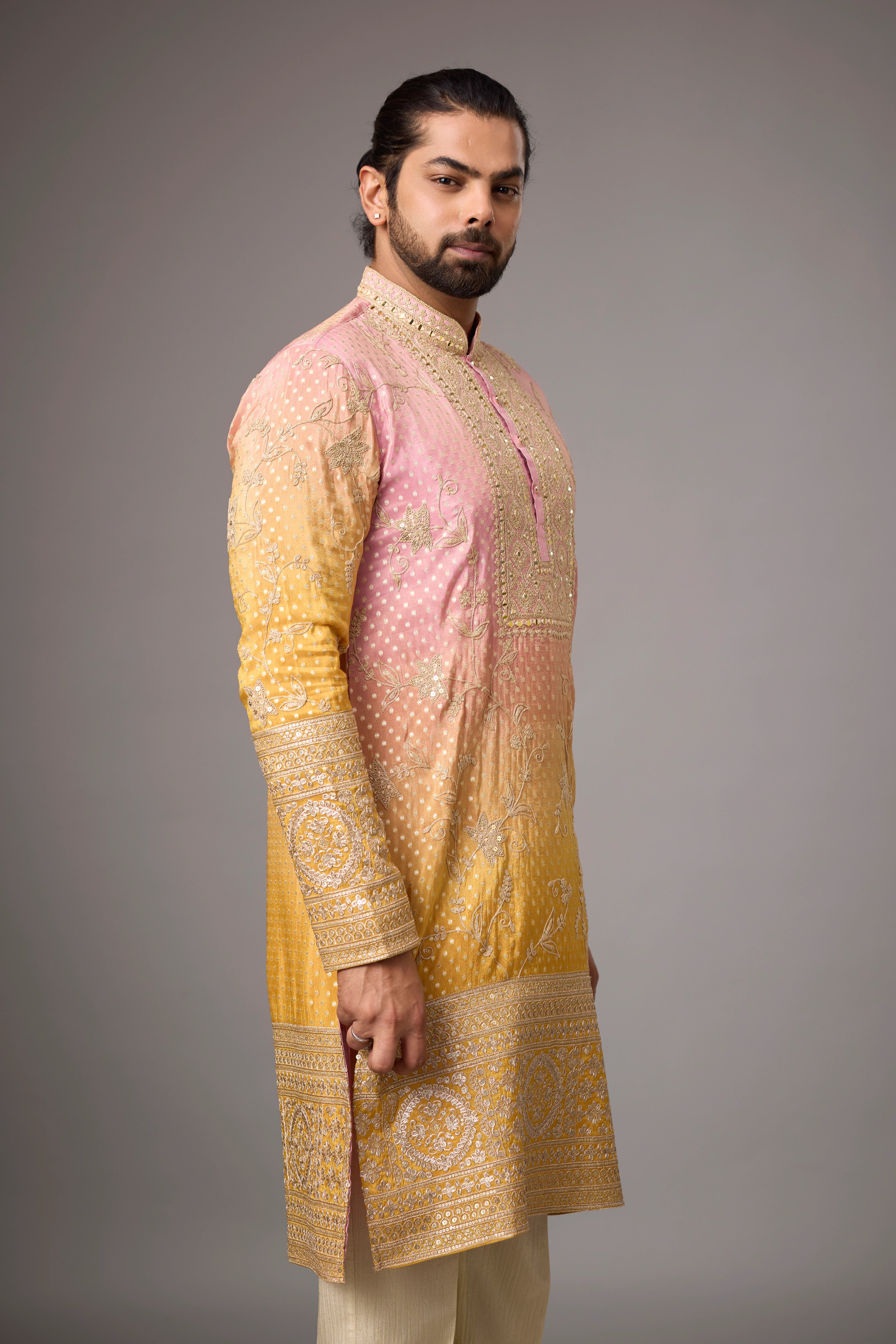 Blush Geometric Paisley Gold Kurta Set – Reception Wear | Mahavir NX