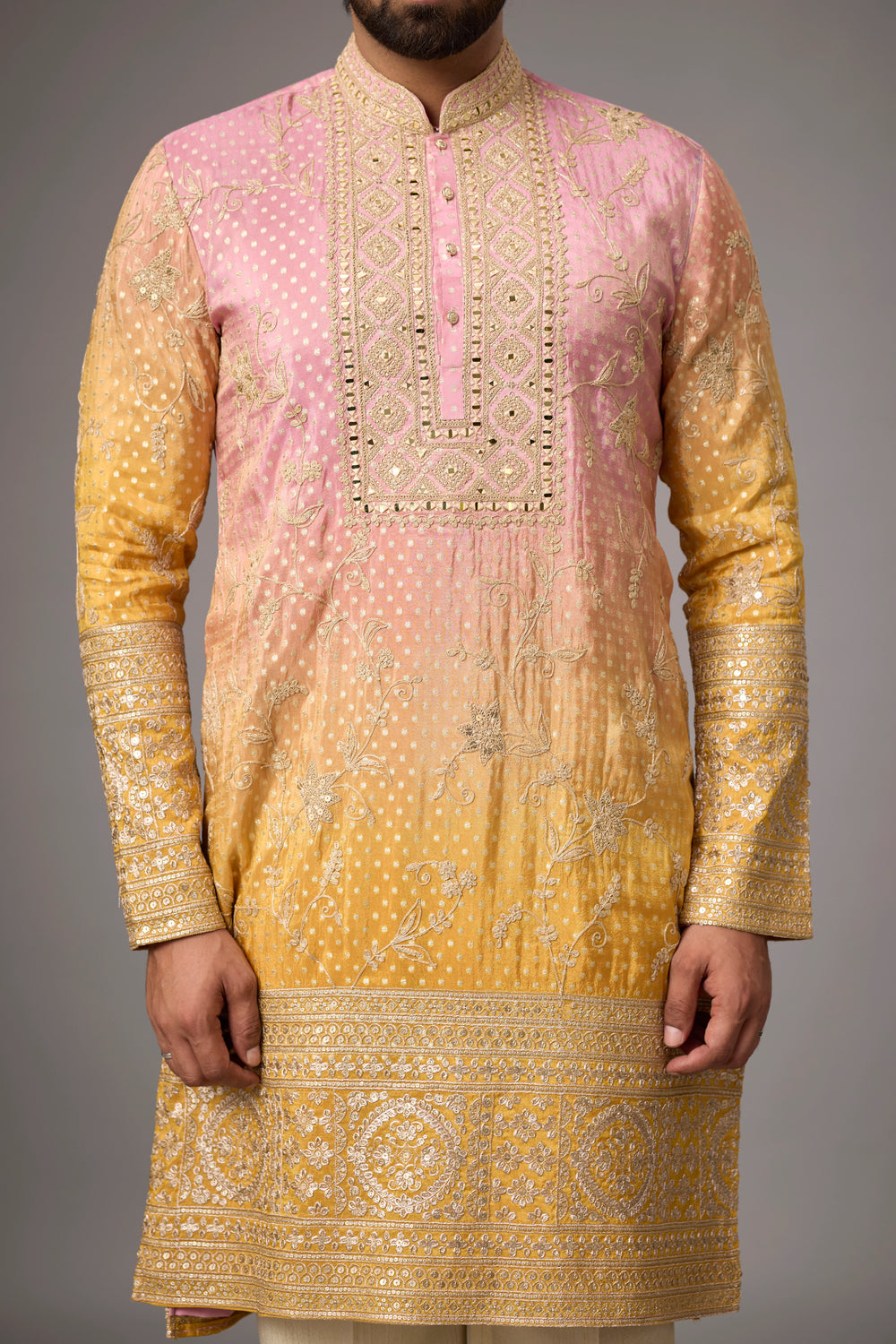 Designer Gold Embroidered Ethnic Kurta – Side View | Mahavir NX