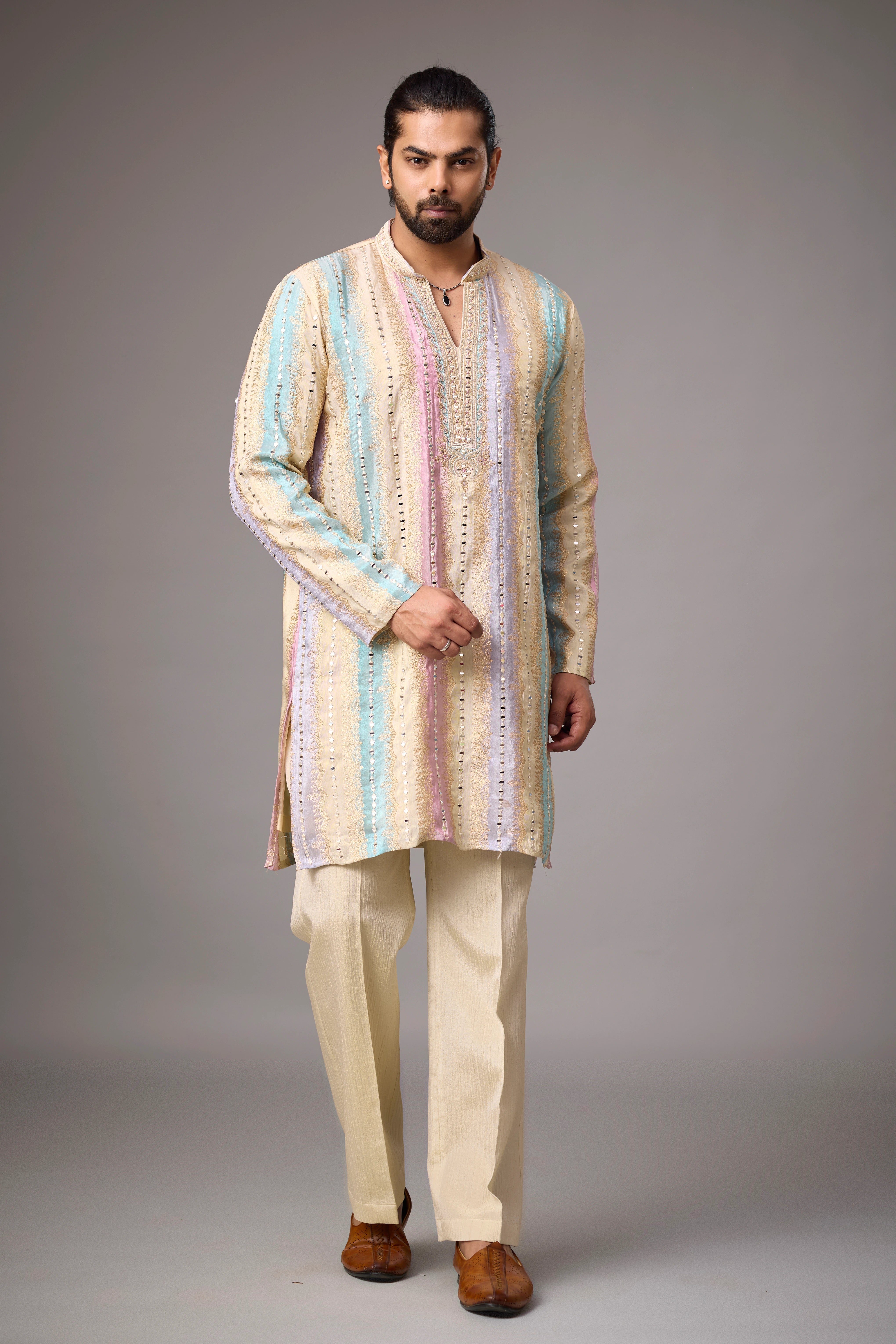 Pastel Multicolour Heritage Embroidered Kurta Set