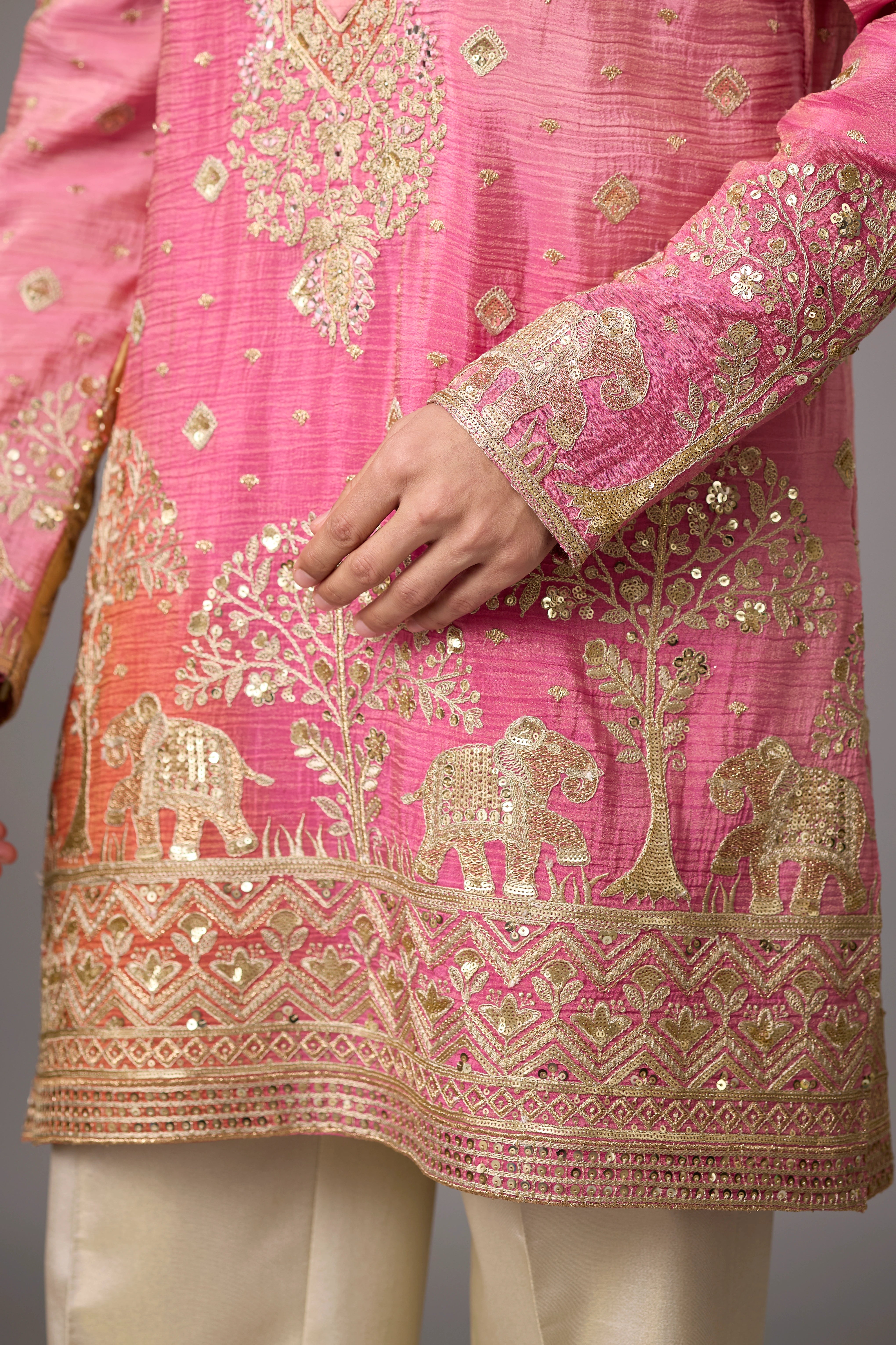 Rose Pink Heritage Story Kurta Set for Men – Full Length View | Mahavir NX