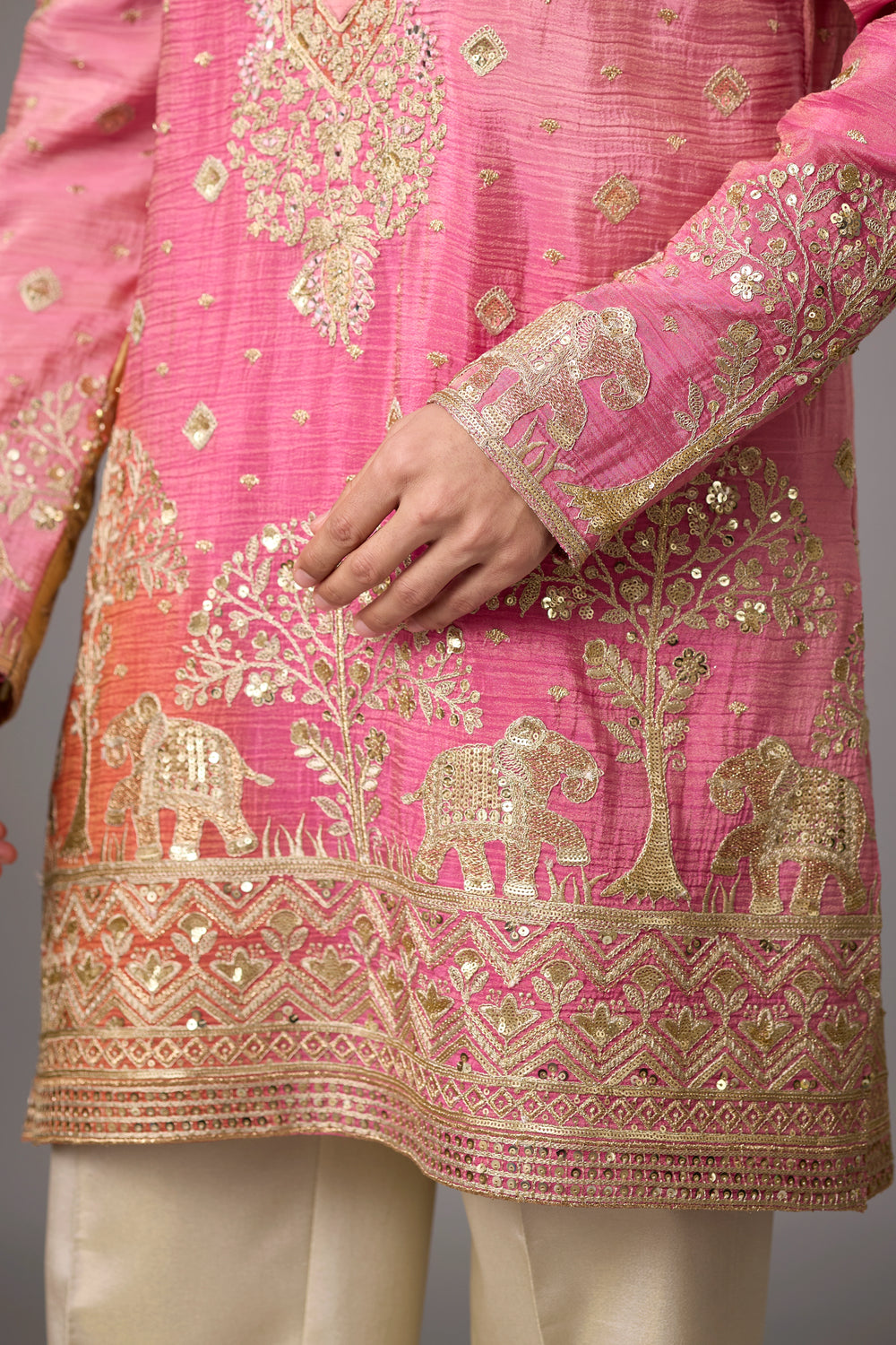Rose Pink Heritage Story Kurta Set for Men – Full Length View | Mahavir NX