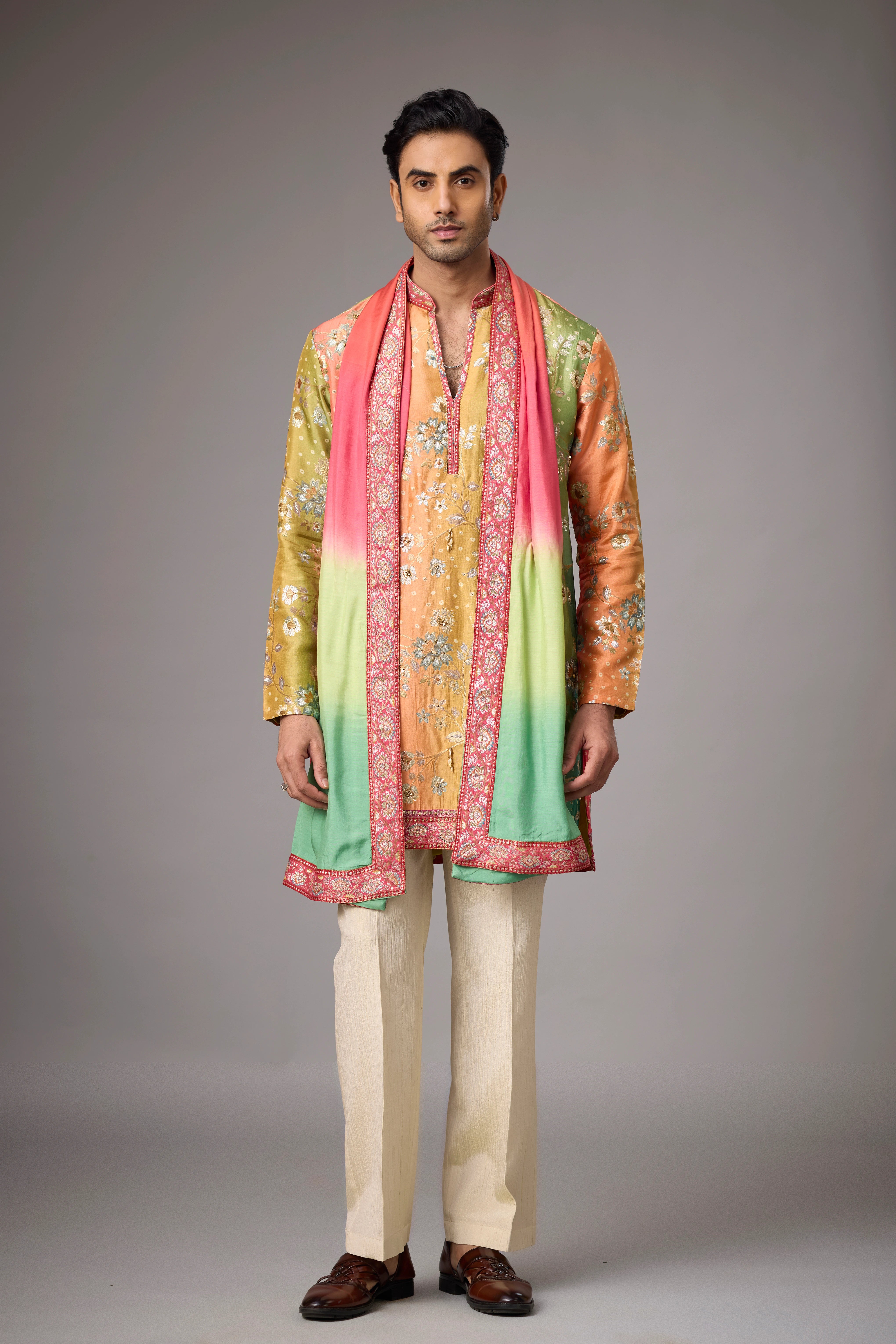 Mustard Heritage Floral Kurta Set with Multicolour Stole