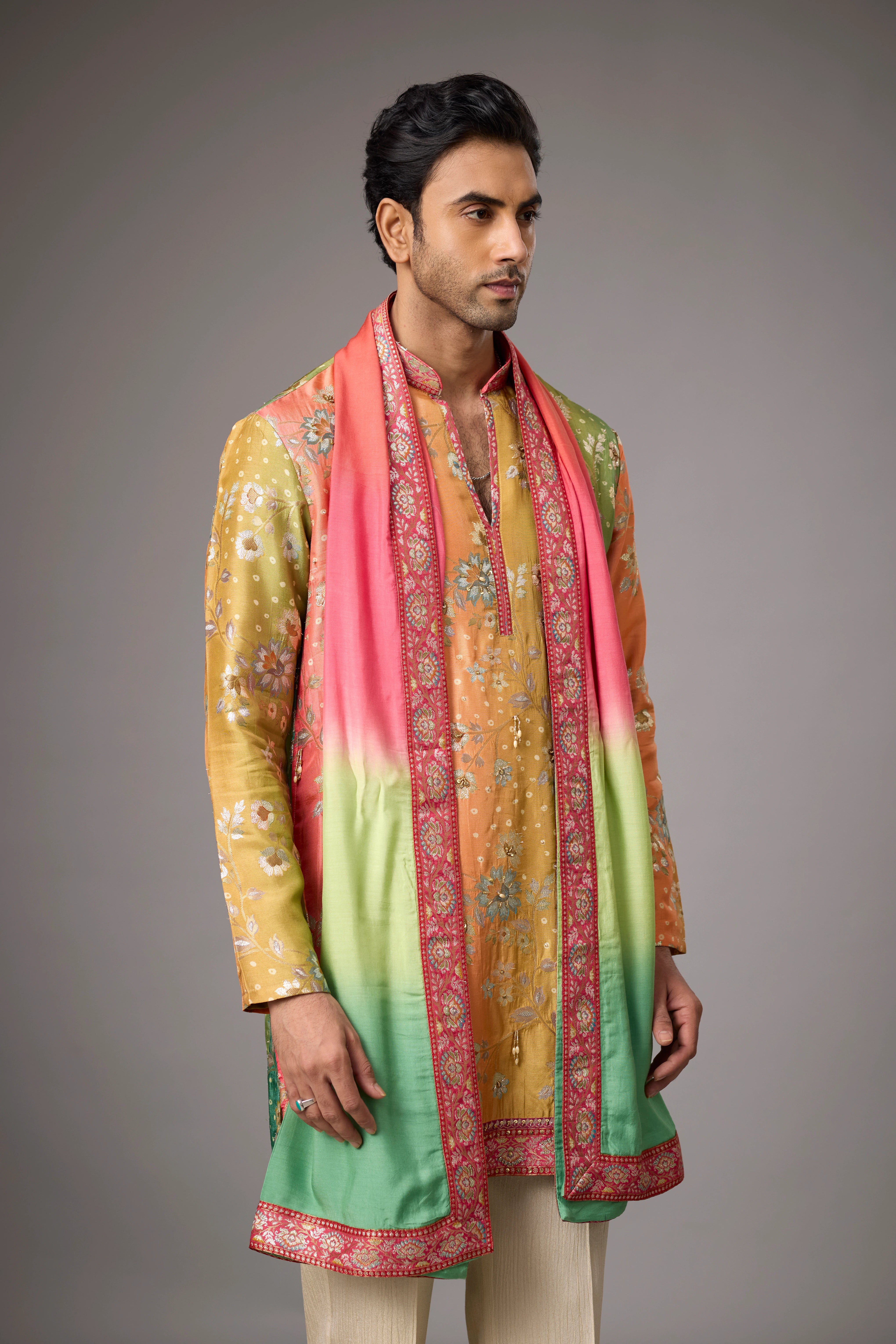 Mustard Heritage Floral Kurta Set with Multicolour Stole