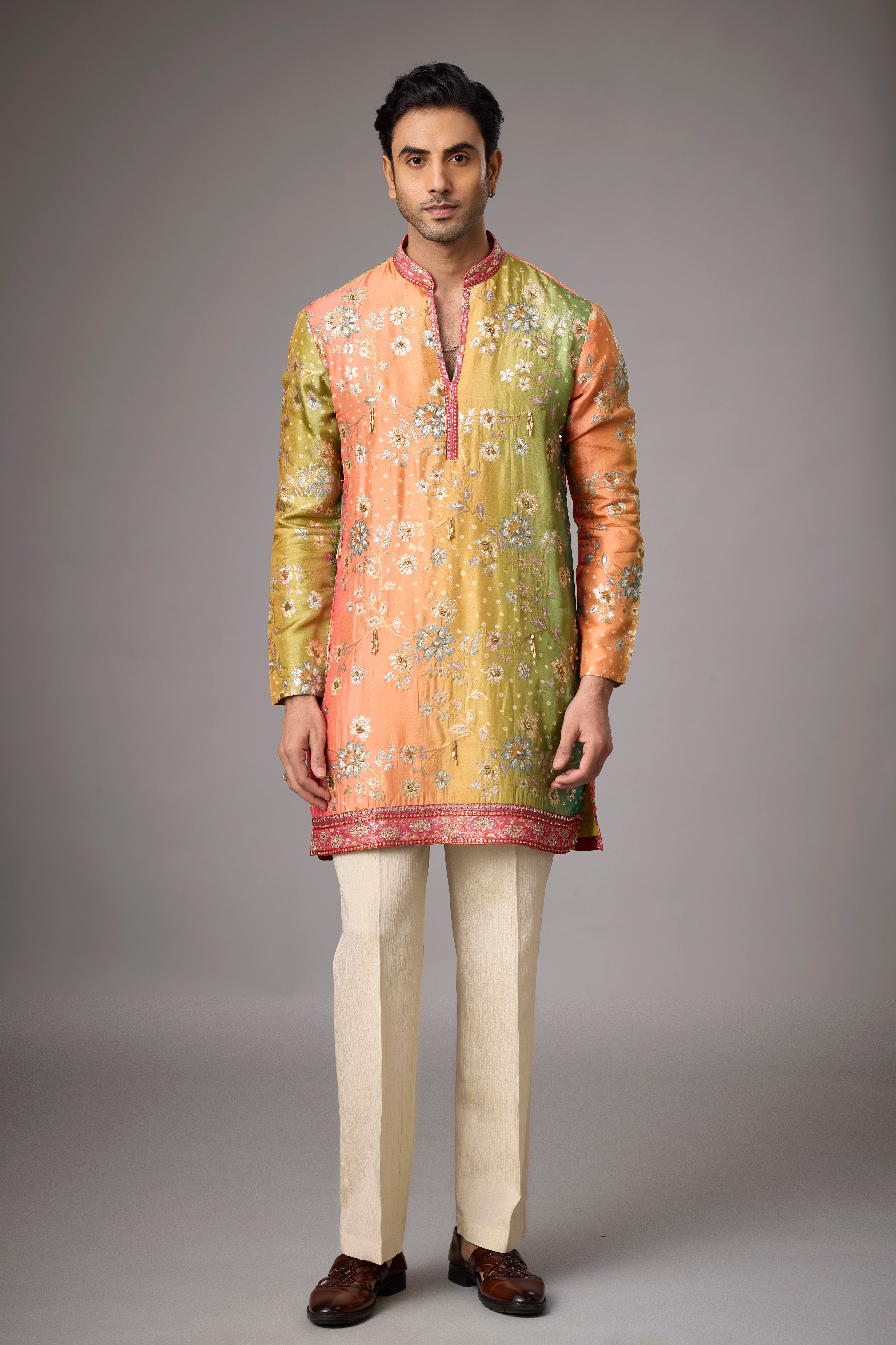 Mustard Heritage Floral Kurta Set with Multicolour Stole