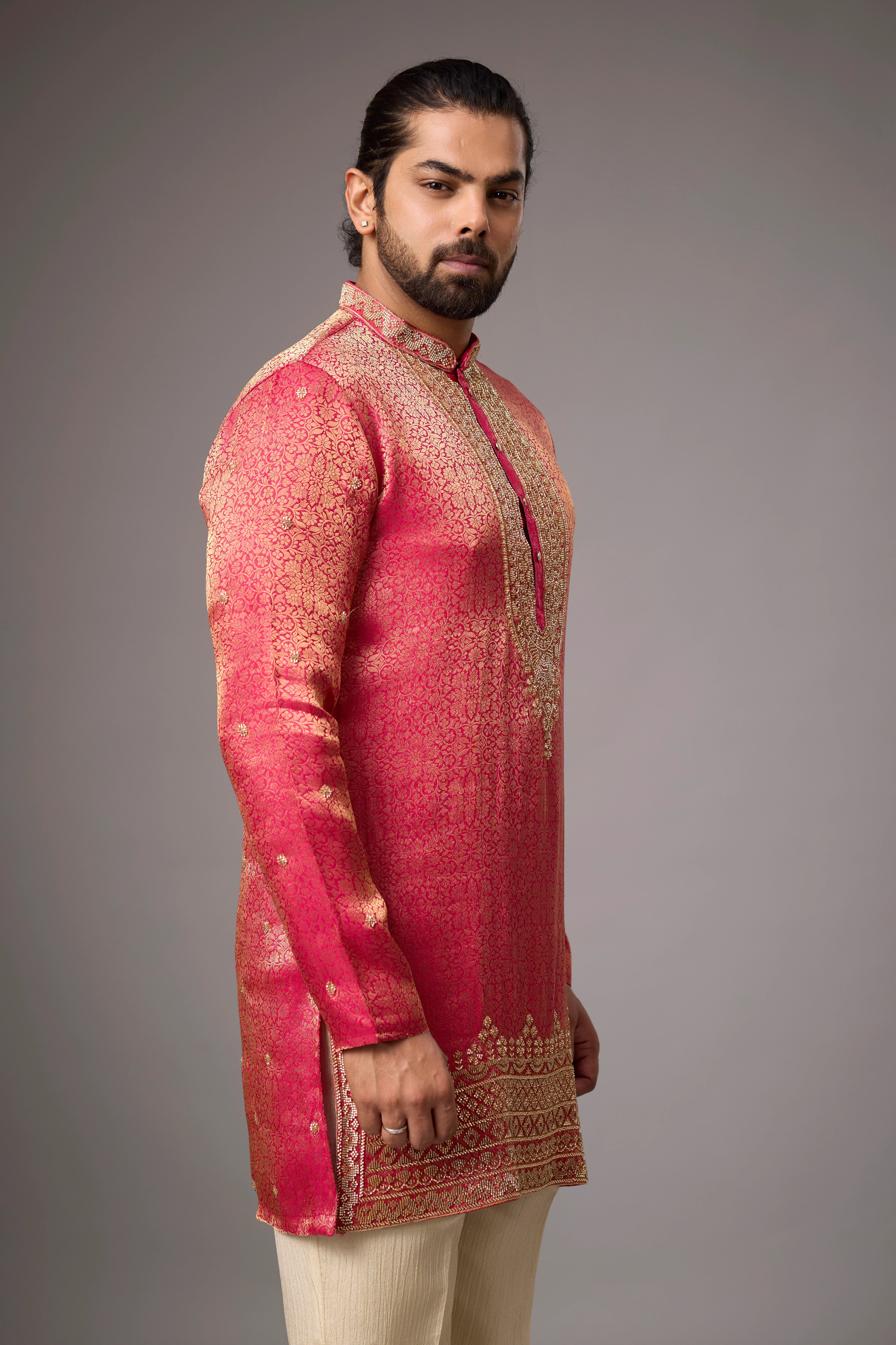 Coral Pink Regal Brocade Kurta Set
