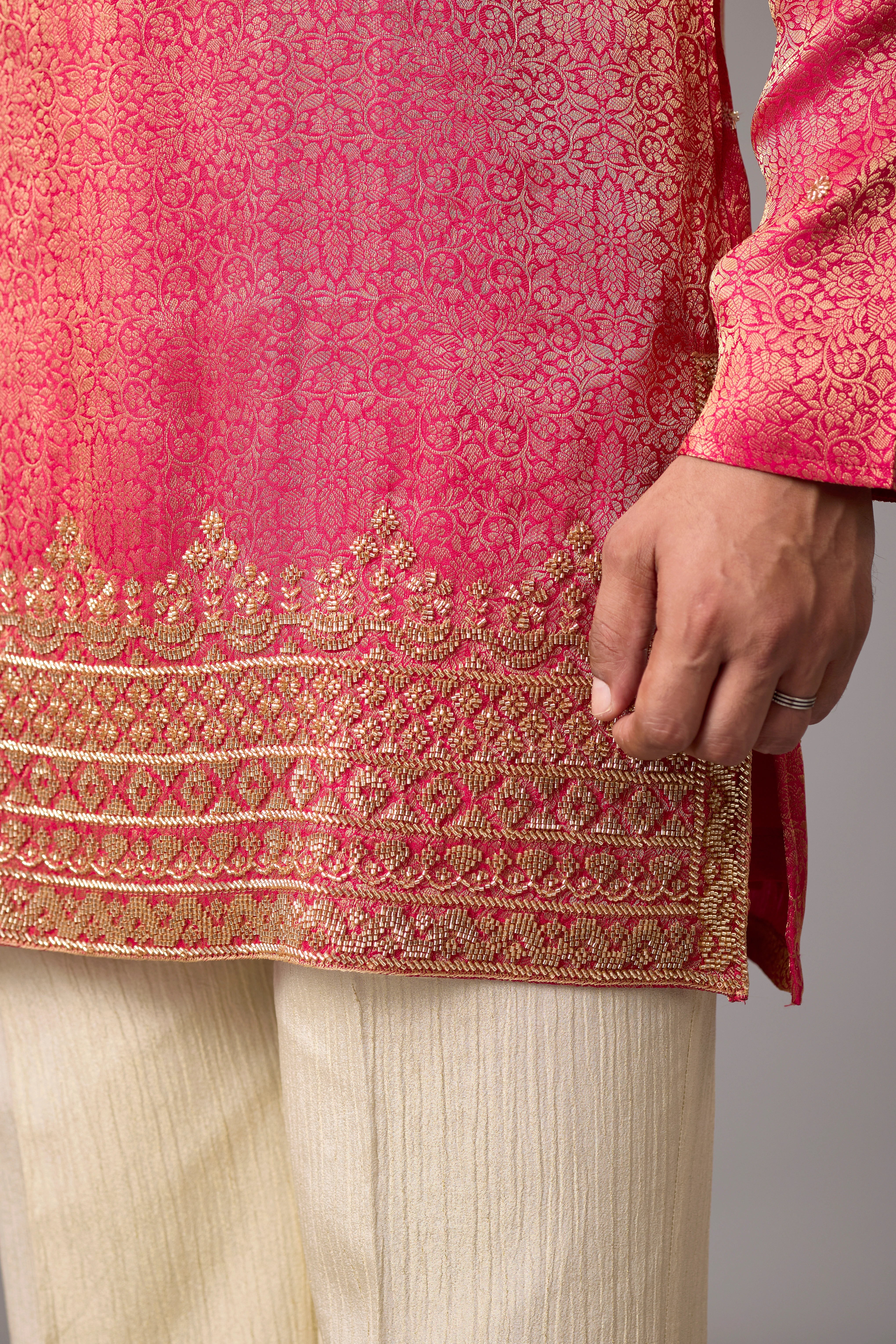 Coral Pink Regal Brocade Kurta Set