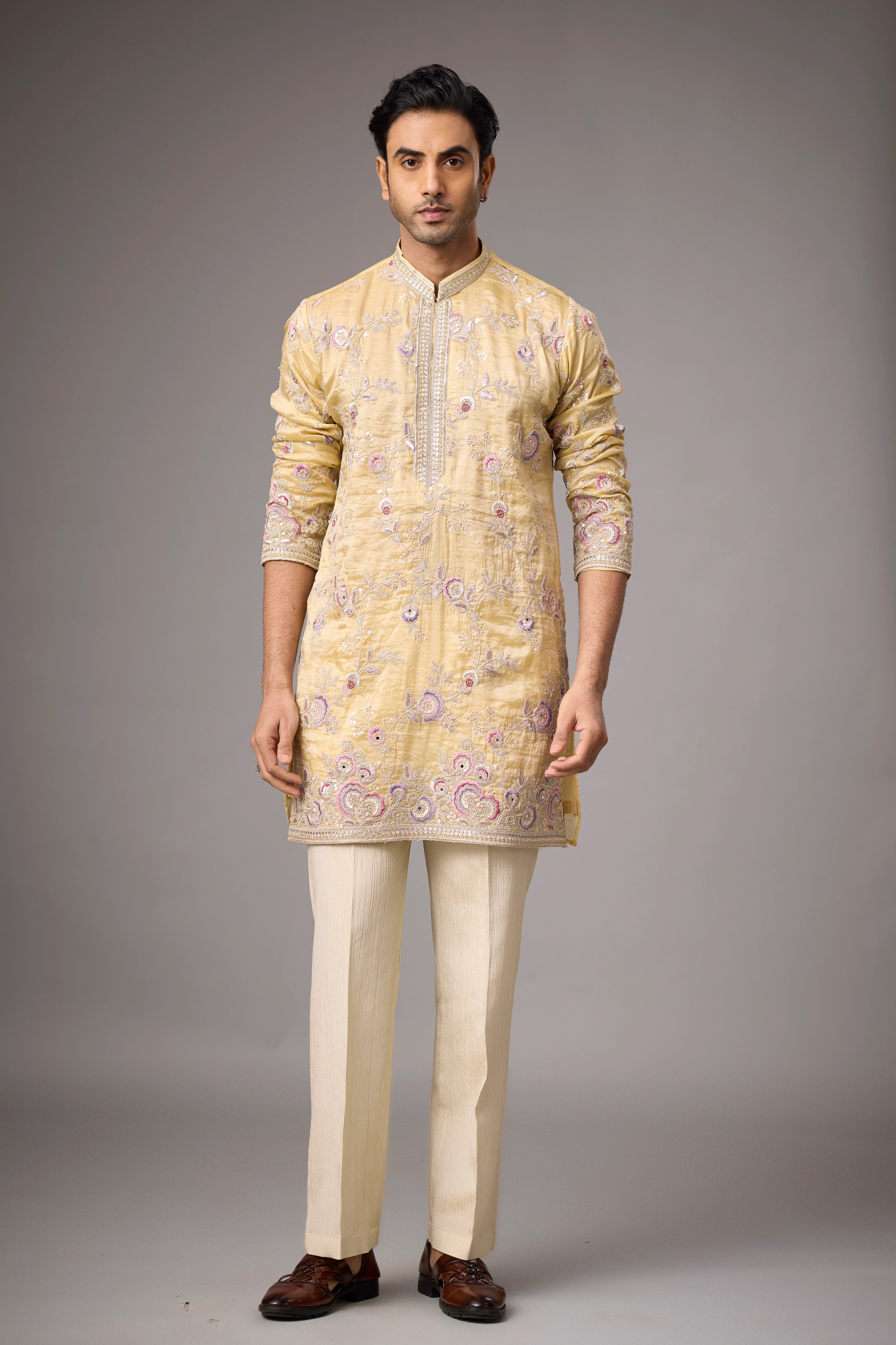 Champagne Gold Floral Embroidered Kurta Set