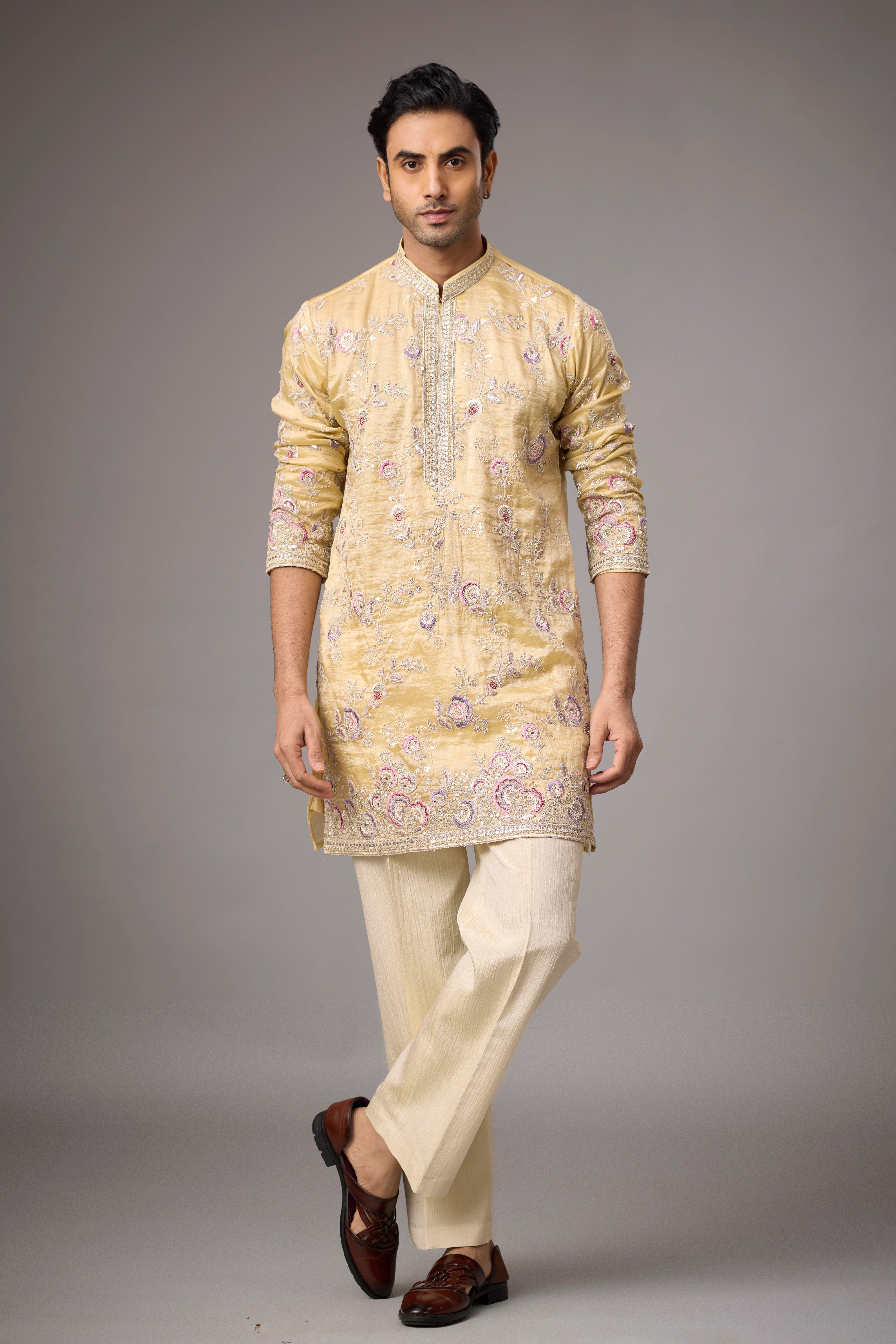 Champagne Gold Floral Embroidered Kurta Set