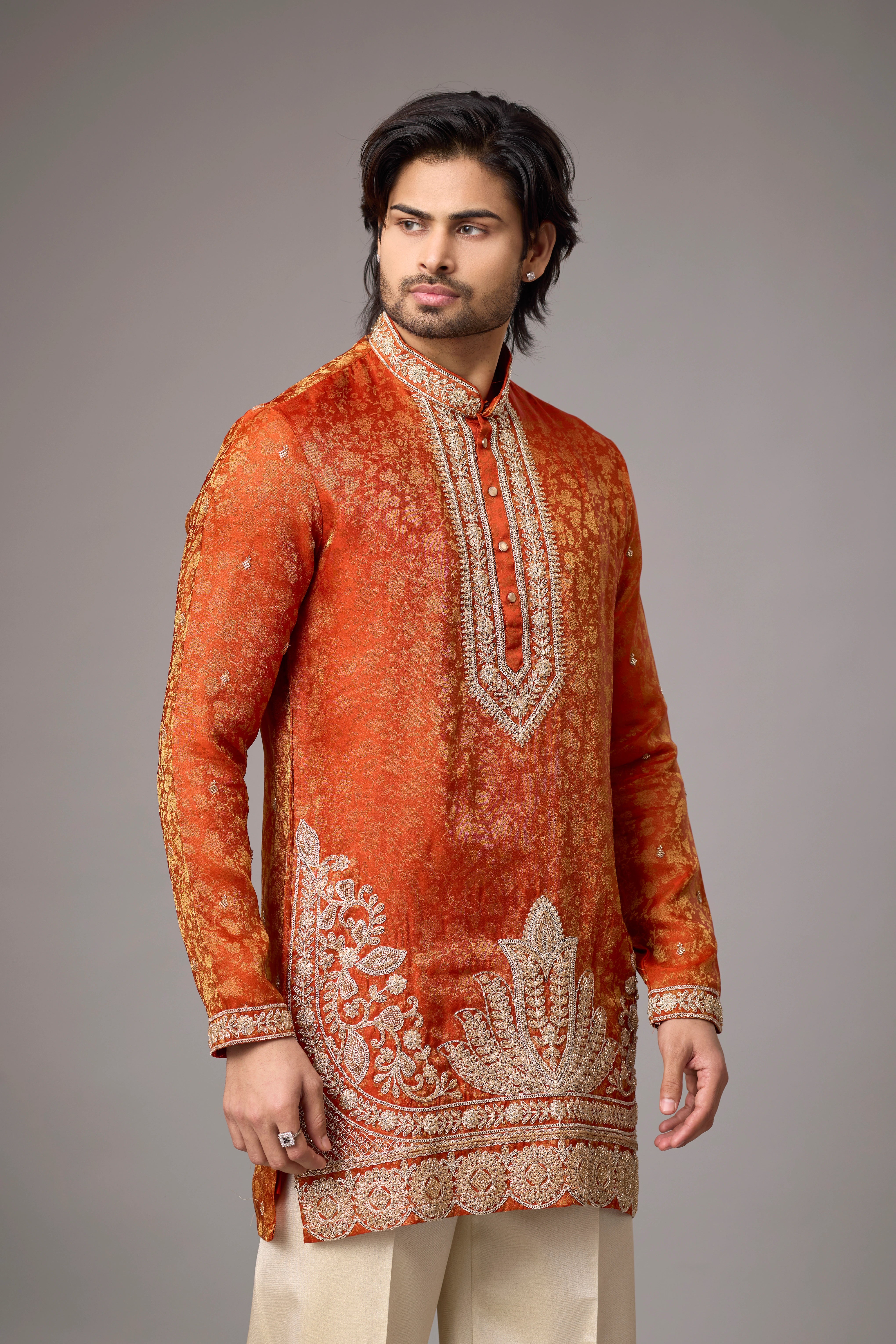 Burnt Orange Regal Brocade Kurta Set