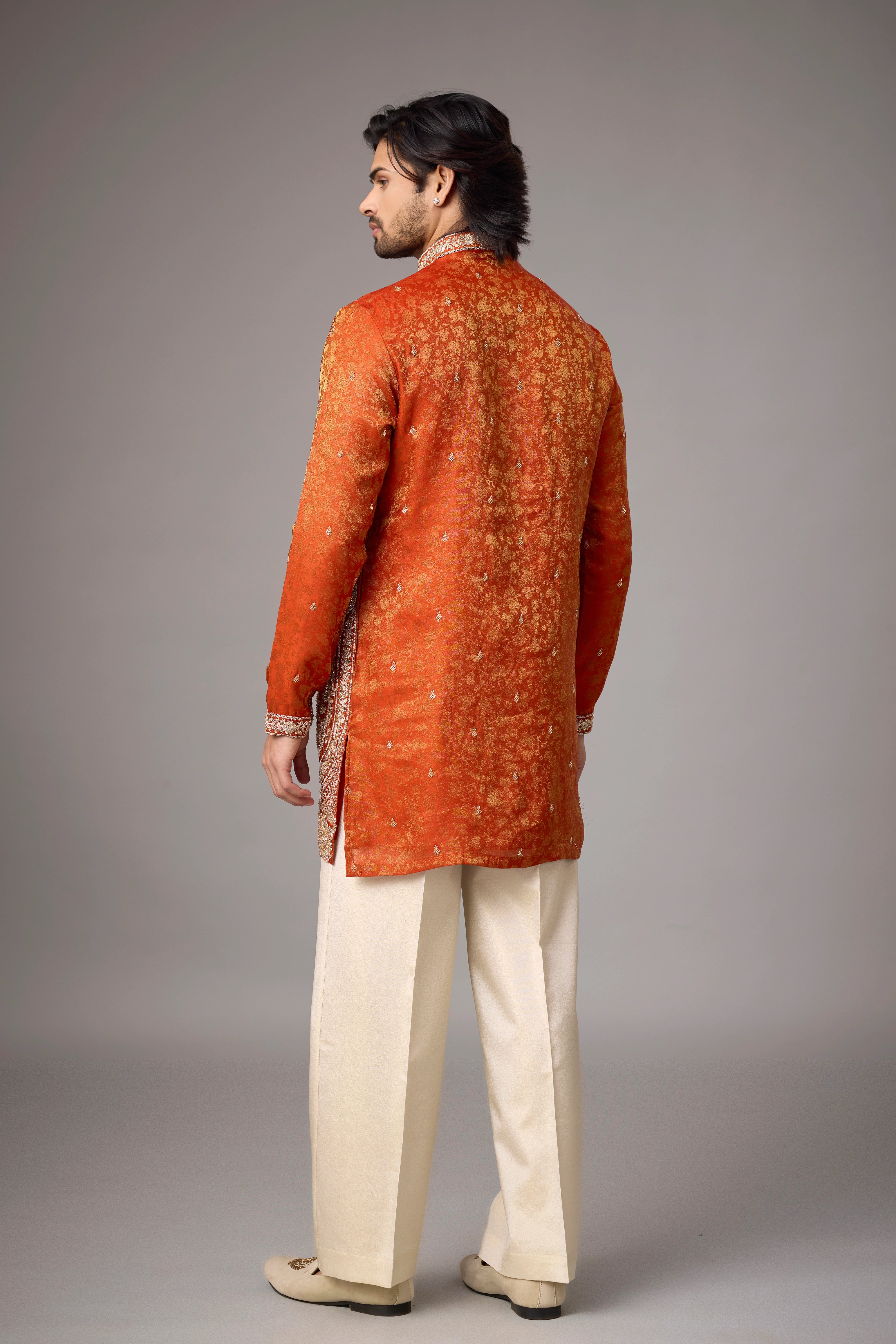 Burnt Orange Regal Brocade Kurta Set